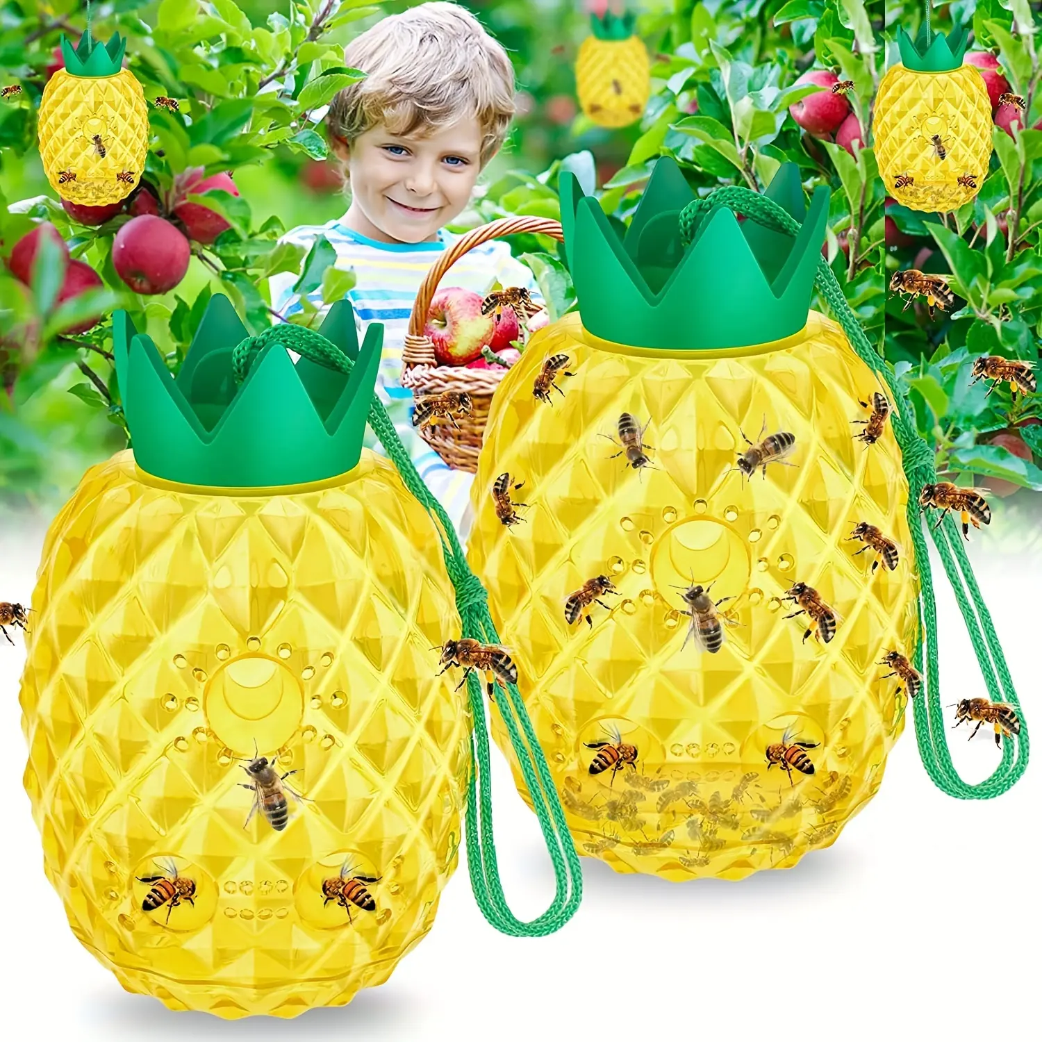 2Pcs Wasp Trap，Pineapple Shape Wasp Hanging Killer Reusable Outdoor Wasp Bee Deterrent Killer Waterproof Insect Catcher
