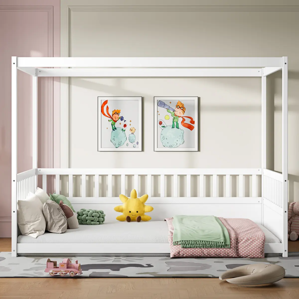 White Pine Full Size Canopy Montessori Floor Bed for Kids, 76.97"L×56.89"W×58.27"H, 21.45-in 3-Side Guardrail, Overhead Roof Design, 48.61 lbs, Easy Single-Package Assembly, Canopy Bed