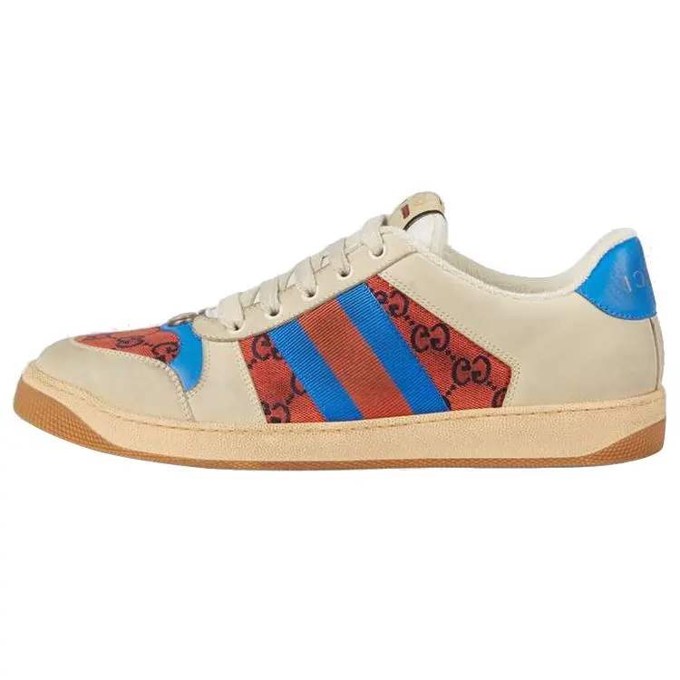 Gucci Screener Dirty Sneakers with GG Enamel Logo and Red-Blue Design for Women Verifiable, with credentials and supporting global authentication