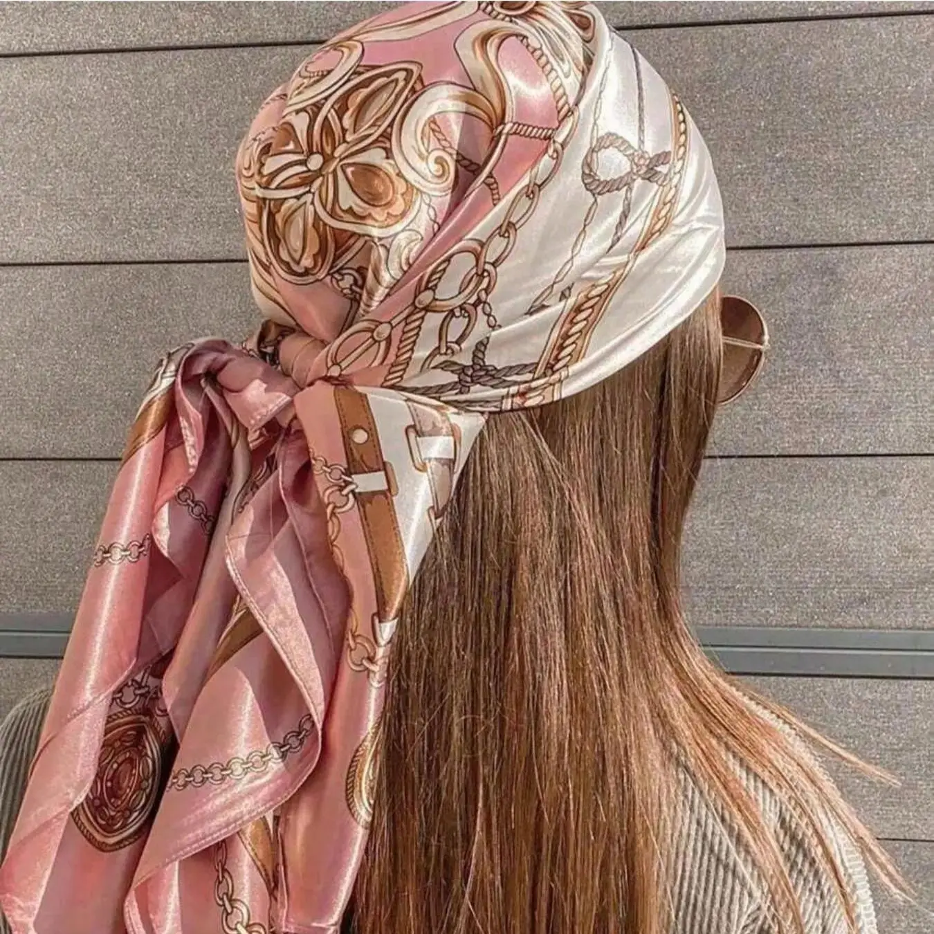 1pc Pink Satin Square Scarf, Lightweight Bohemian Head Accessory for Women, Multi-functional Handkerchief, Fashionable Scarf, Boho Style Scarf