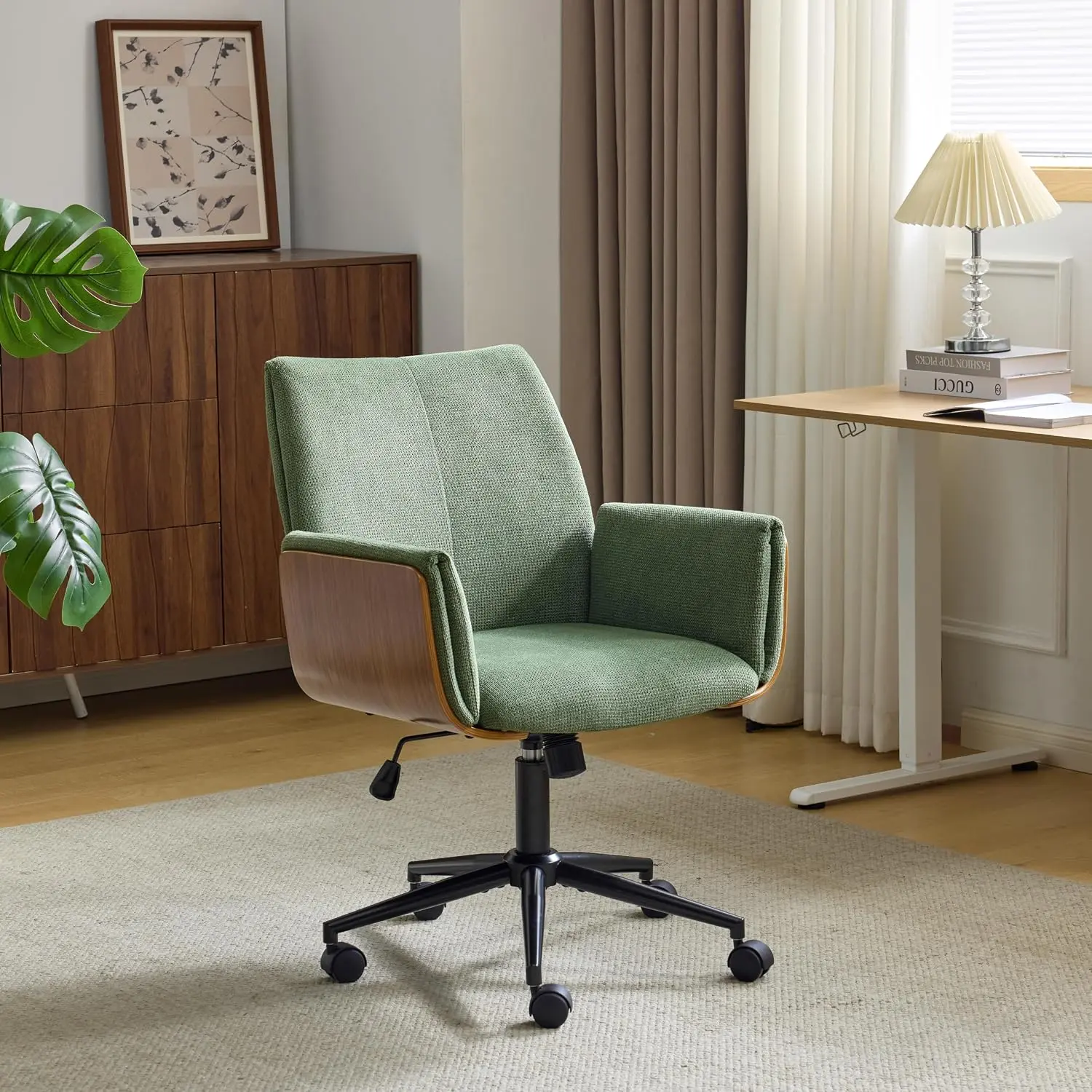 VINGLI Home Office Desk Chair with Wheels,Mid Century Walnut Bentwood Swivel Chair,Modern Adjustable Height Chenille Rolling Computer Chair,Ergonomic Fixed Arm Task Chair for Bedroom