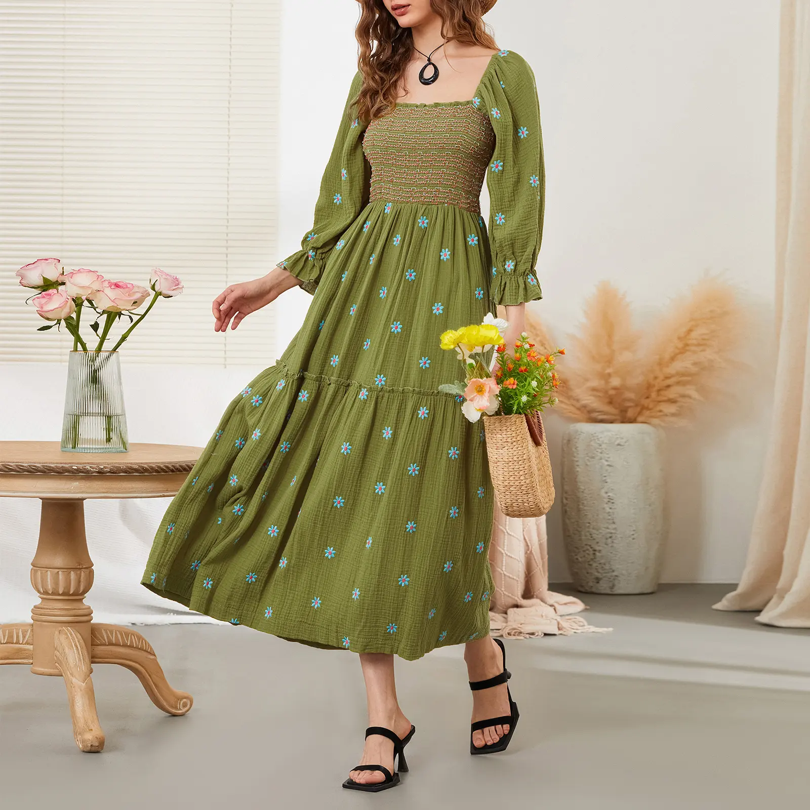 Women Long Dress, Long Sleeve Dress Square Neck Embroidery Flower Loose Swing Dress Casual Light Feminine Green