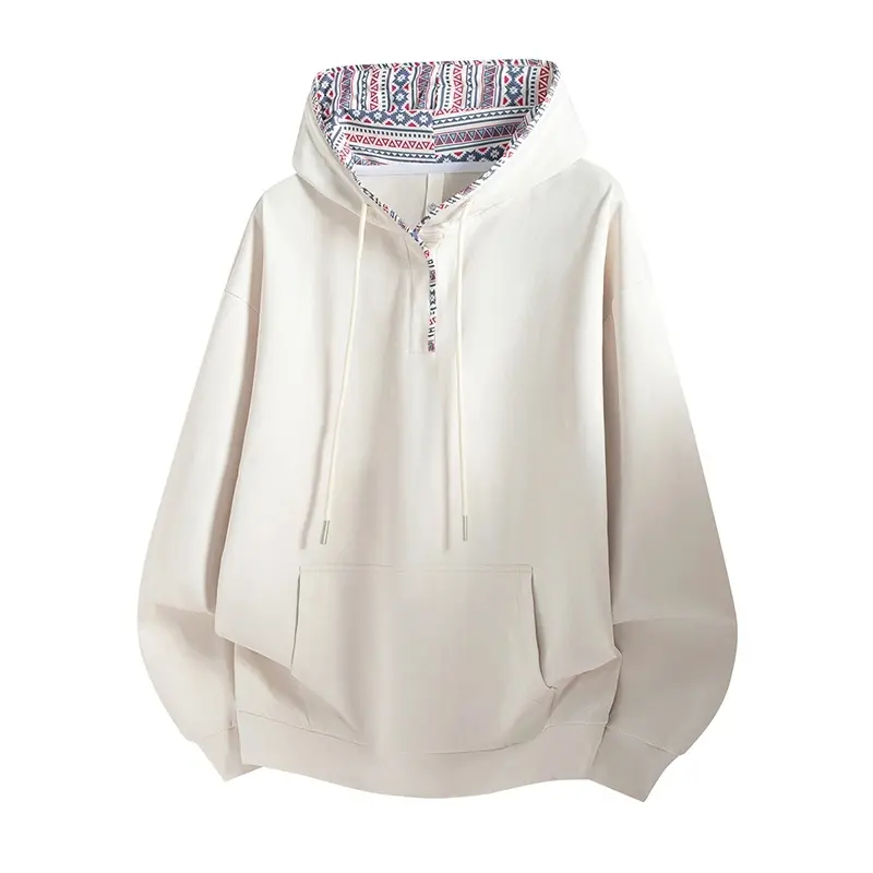 High street ins style patchwork half-high collar sweatshirt, ethnic style lined half-button hooded sweatshirt, solid color loose casual top