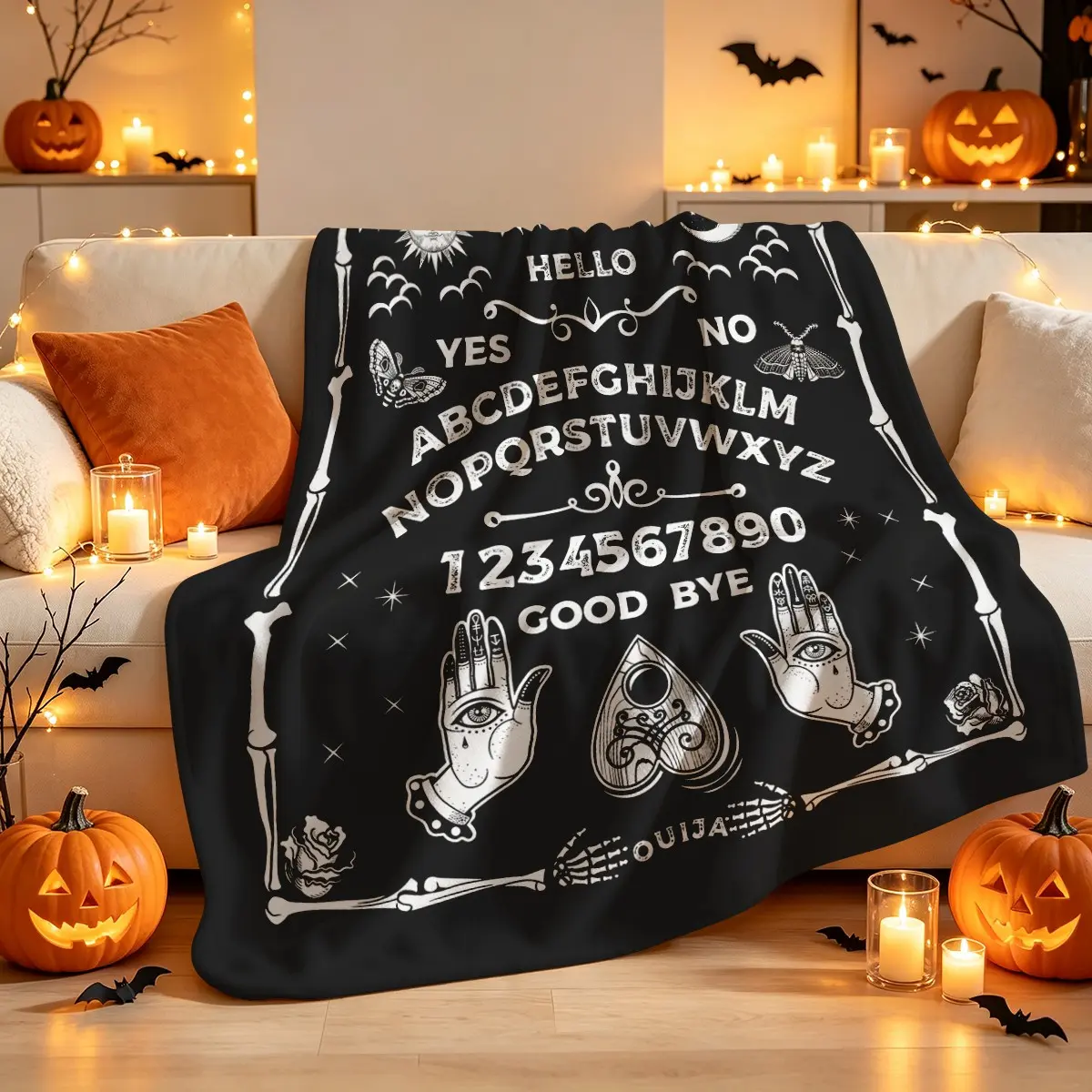 1PC Ouija Board Themed Halloween Flannel Throw Blanket, Vintage Print Cover Blanket with Skull, Sun Moon, Moth and Bone Elements, Soft Cozy Shawl Nap Blanket Fits Sofa Bed, Office Daily Nap & Camping, Halloween Home Decor & Holiday Party Gift