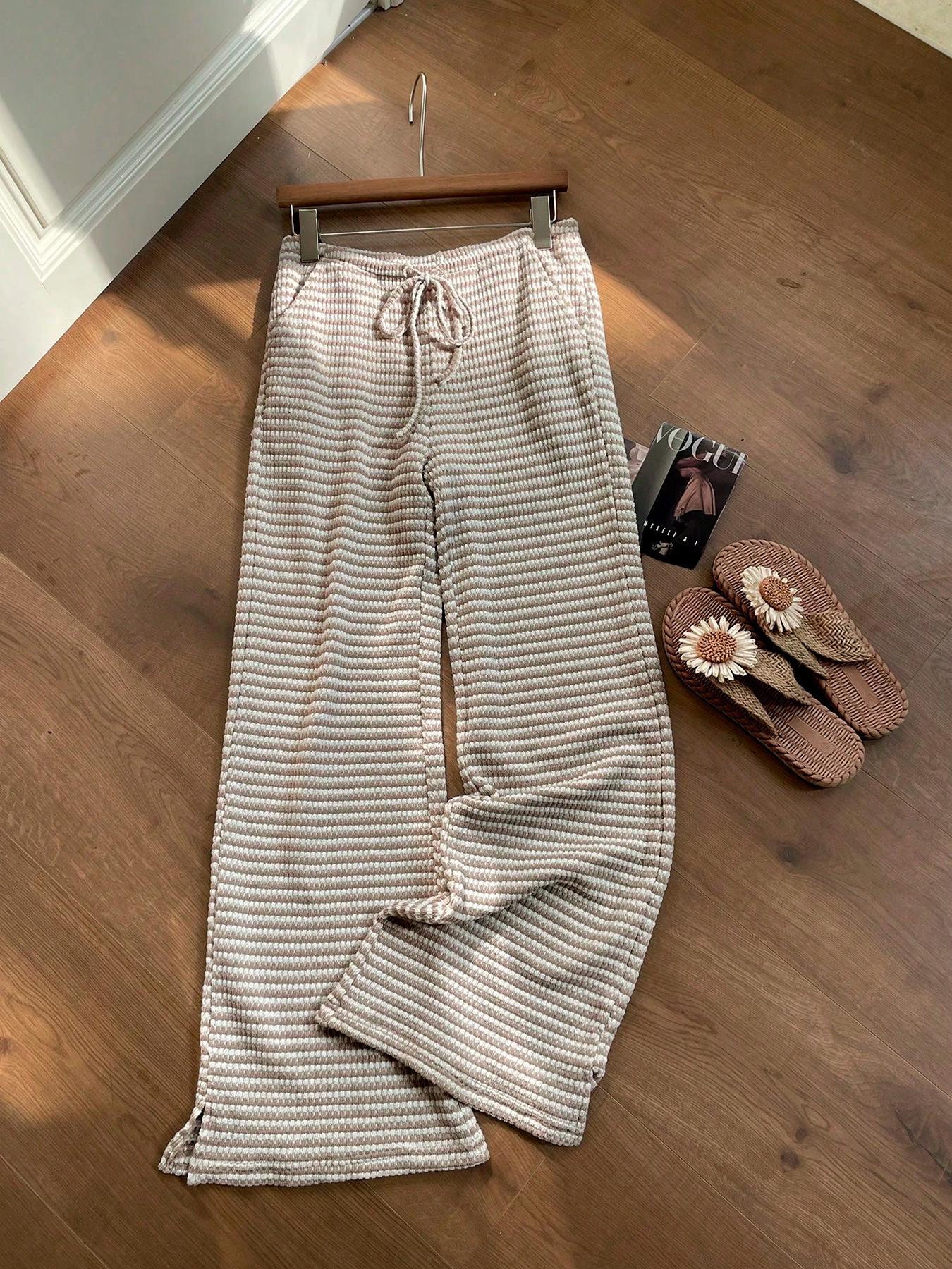 Women's Summer Knitted Striped Drawstring Pocket Casual Loose Wide Leg Pants, Perfect for Daily Wear and Vacations