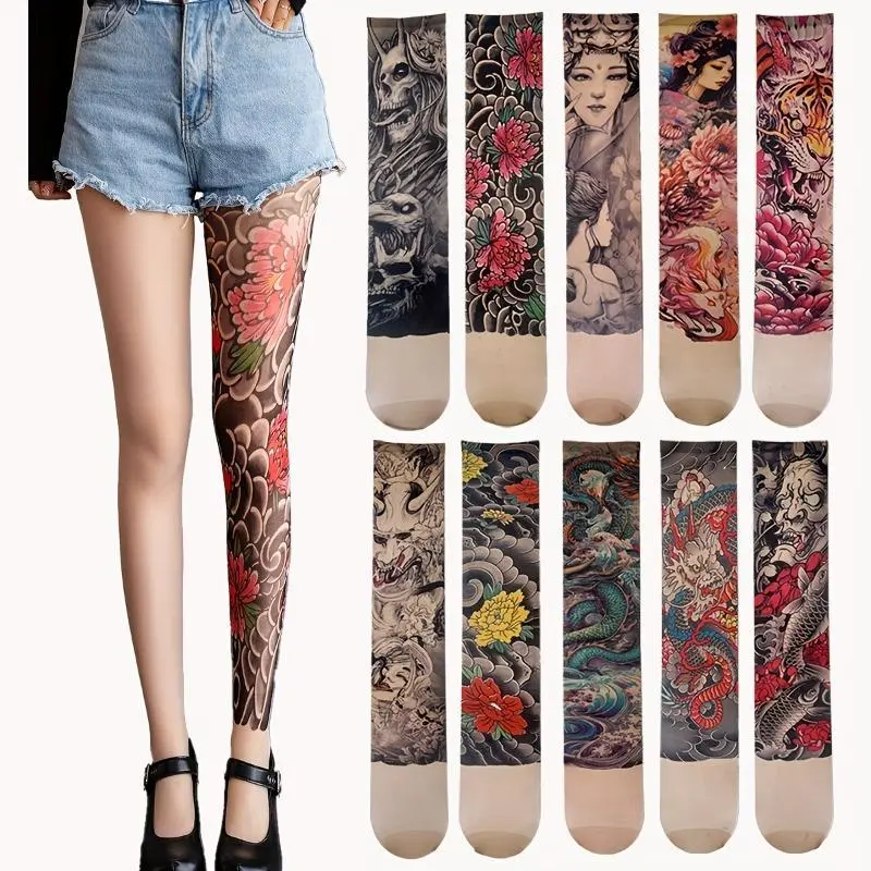 1PCS Unisex Aesthetic Japanese Style Floral Tattoo Print Knit Tights - 360° Seamless Smooth Fabric Elegant Thigh High Stockings for Y2K Harajuku Streetwear (Sports & Outdoor Protective Gear Accessory)