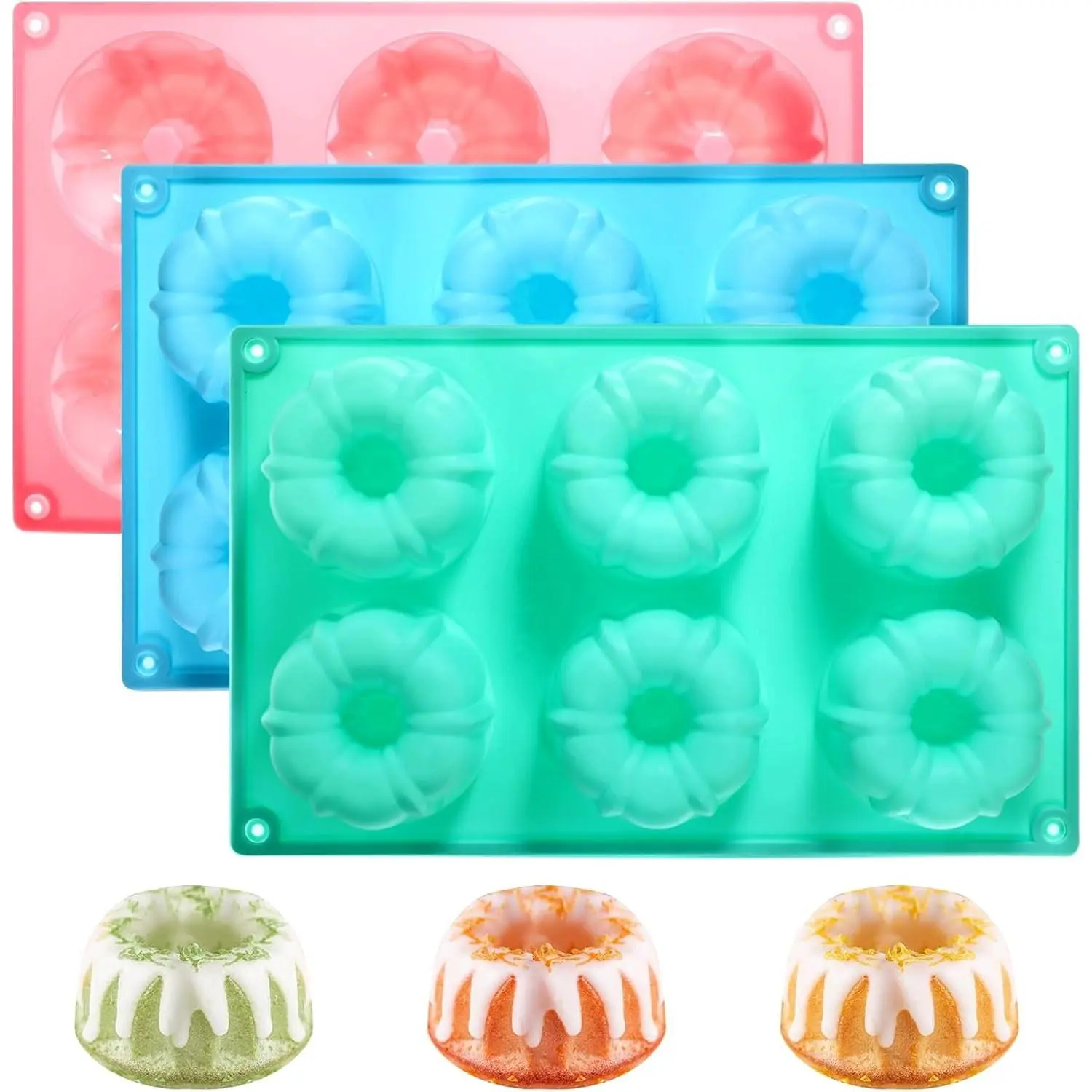 3 Pack Mini Cake Pans for Baking, Silicone Small Cake Pan Mold Moldes Para Gelatinas, 6 Cavity Nonstick Mini Cheesecake Pans, Jello Molds Silicone Donut Pan for Baking Cupcakes Chocolate(3 Colors)