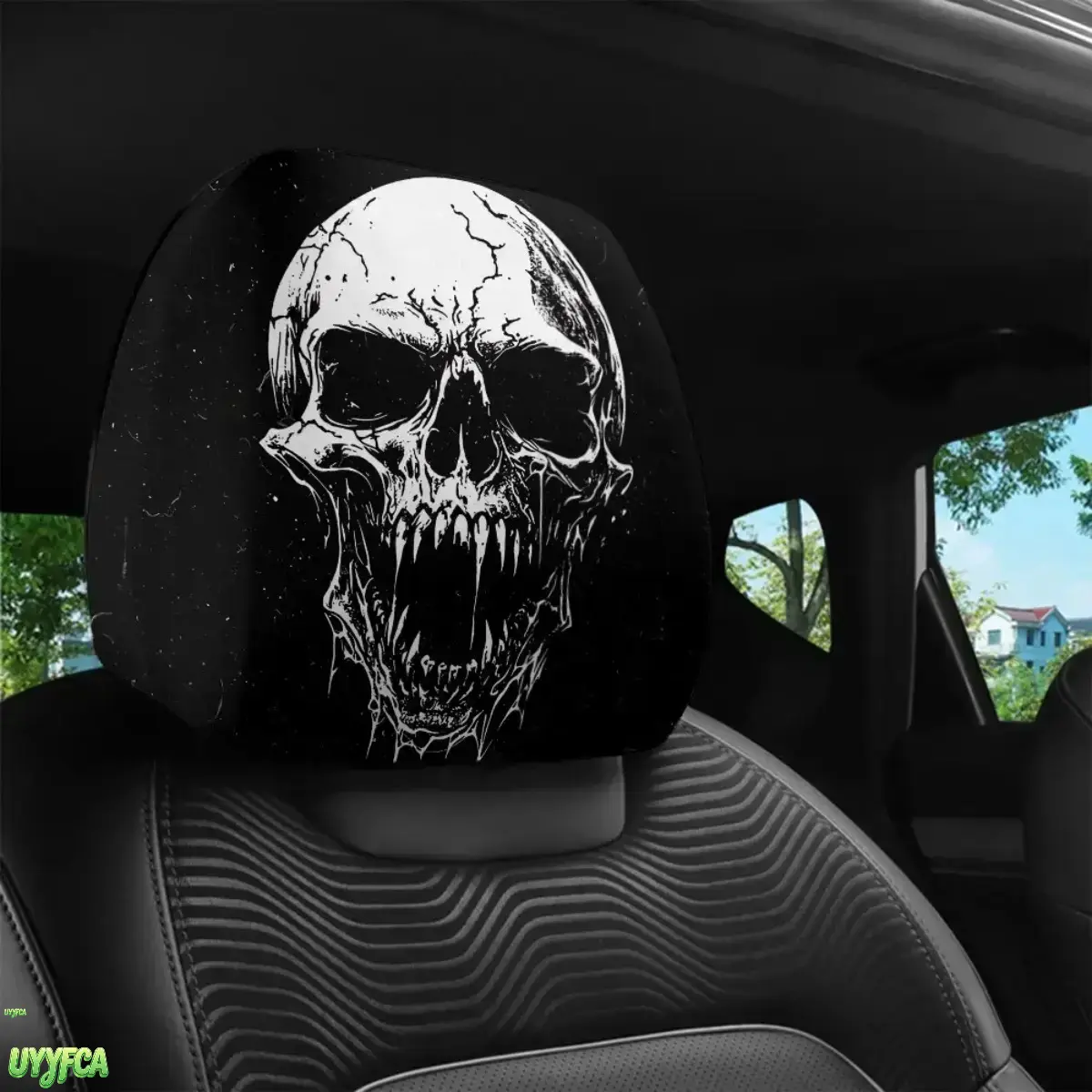 2 Pack Gothic Fanged Skull Print Car Headrest Covers, Stretch Elastic Universal Auto Seat Headrest Protectors, Dark Grunge Aesthetic All Season Car Interior Decor,Car Seat Decor Gift For Men Long Road Trip Daily Driving Automotive Styling