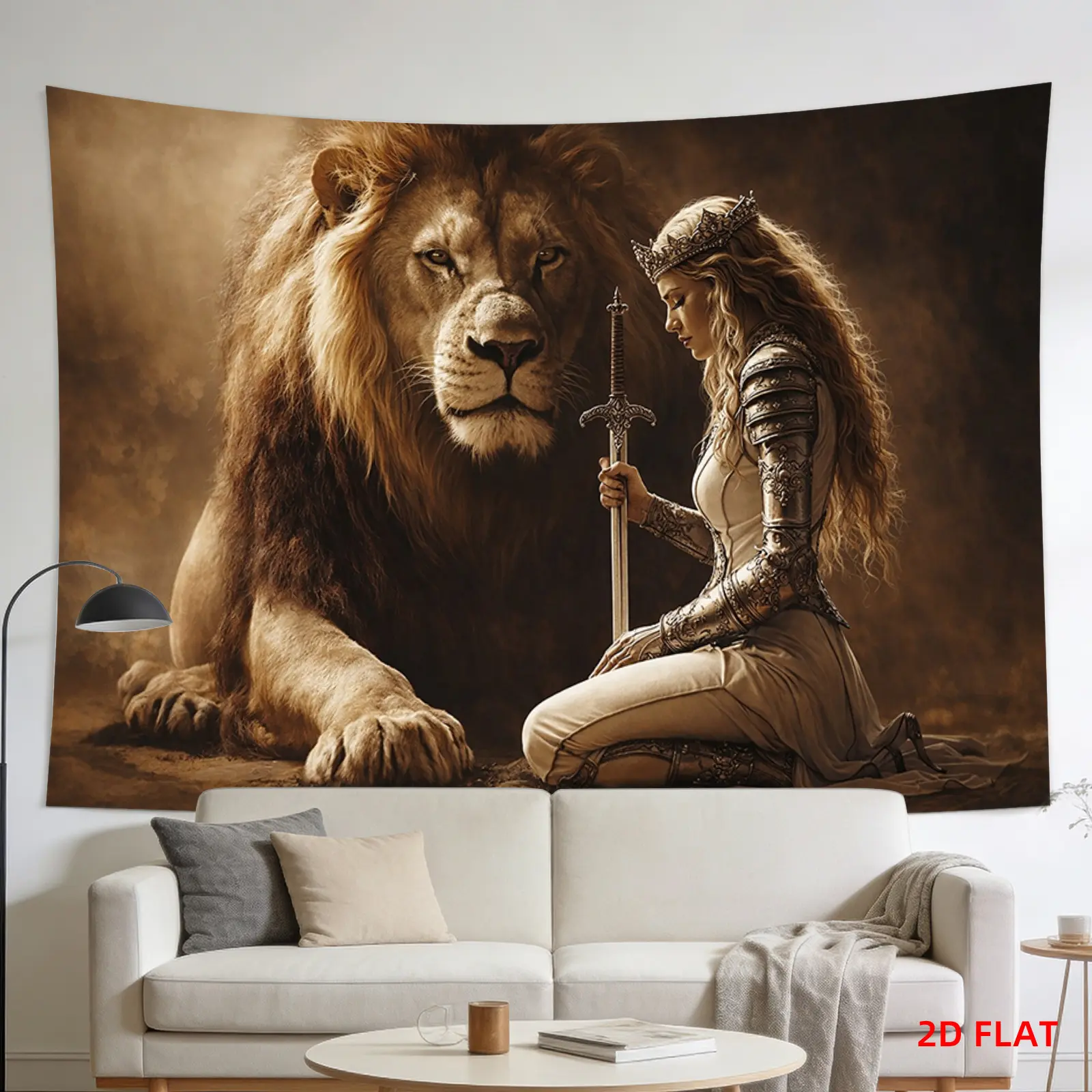 Tapestry Renaissance Woman, Sword, Lion, Regal, Armor, Room Wall Decoration, Non-Luminous, Suitable for Living Room, Meditation, Office, Party Decor