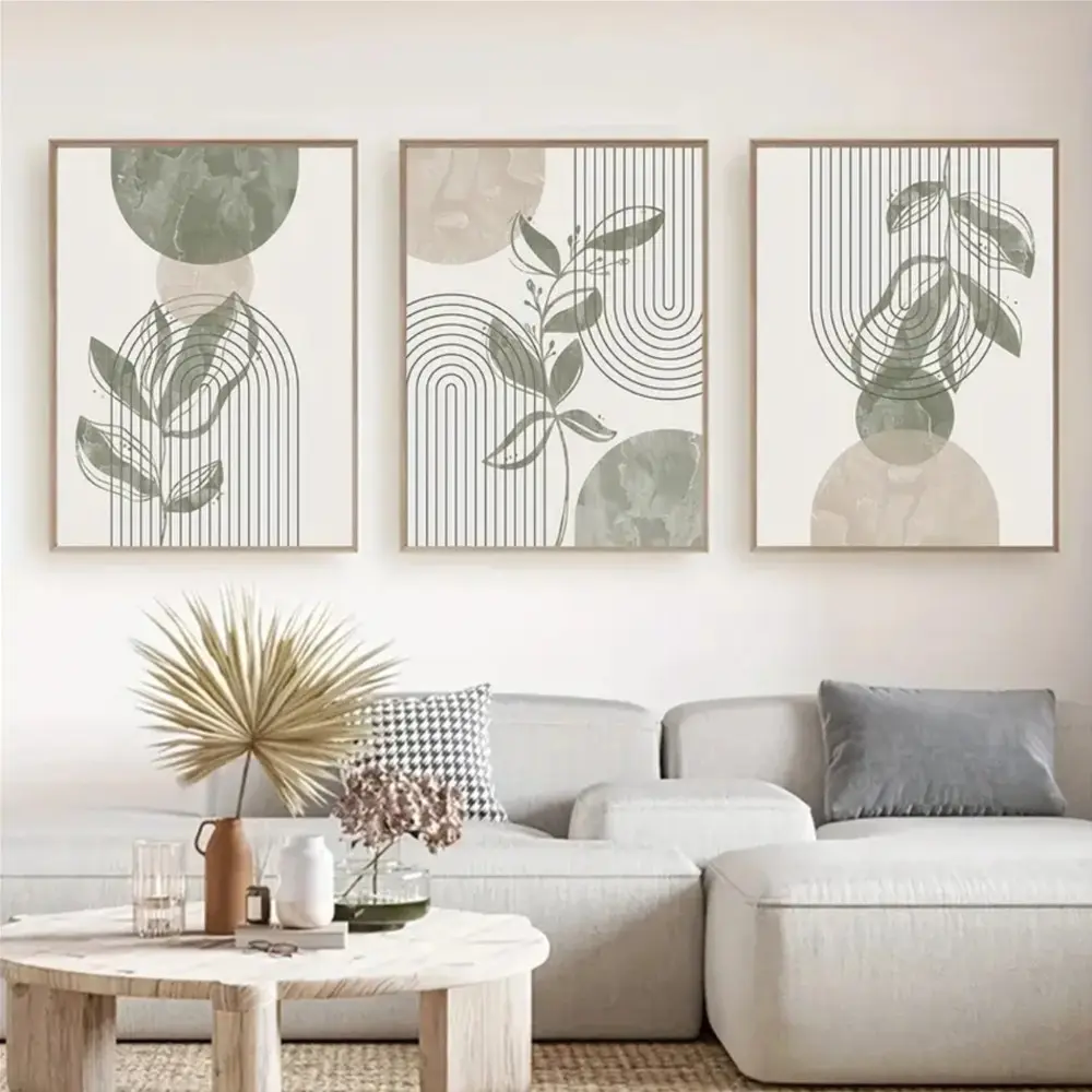 3 Pieces Abstract Sage Green Line Modern Geometric Art, Boho Plant Leaf Wall Mural, Simple Nature Home Art, Eclectic Gallery Decor, Green Tone Painting, Wall Decor for Living Room and Bedroom, Framed or Unframed, Wall Art Canvas