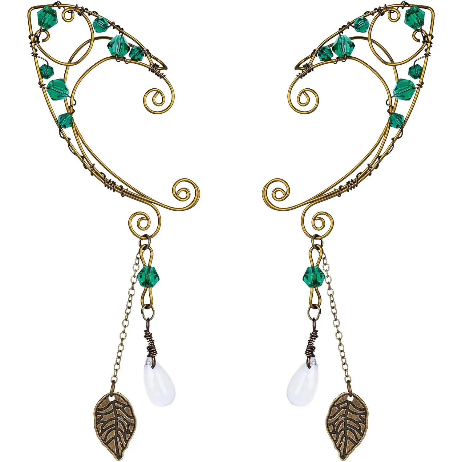 Fairy Elf Ear Cuffs - Handmade Bronze Antique Vintage Cuffs Drop Dangling Ear Clips Wraps for Women Renaissance Costume