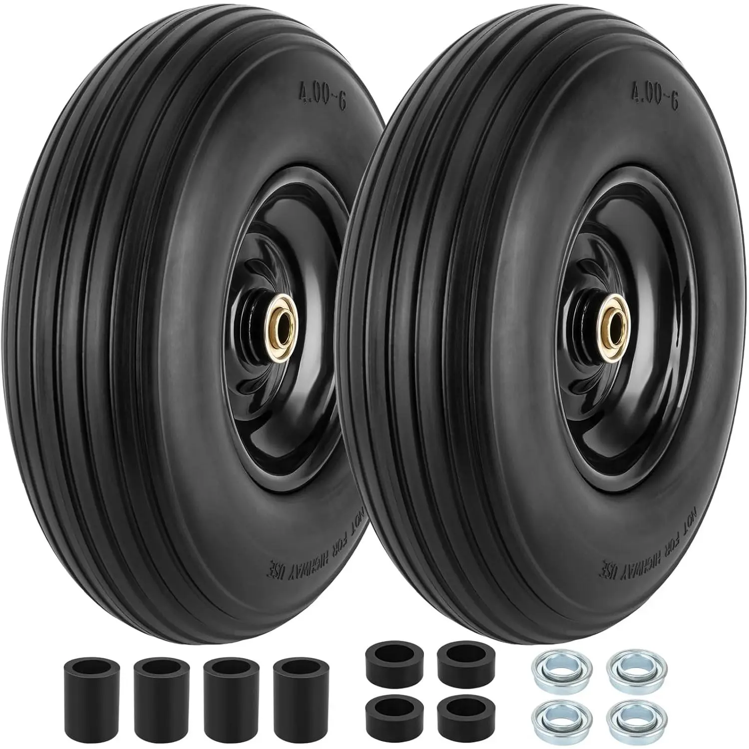 2 PCS 4.00-6 Flat-Free Solid Tire & Wheel Set, 13" Wheelbarrow Wheels with 5/8" or 3/4" Bearings, Replacement for Wheelbarrow, Gorilla Cart, Generators, Lawn Mowers, Wagons, Go Carts, Wood Chippers