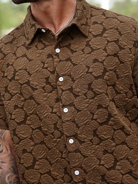 Men's Rose Print Short Sleeve Shirt, Casual Button Collared Loose Casual Soft Comfy Button Up Top for Summer, Men's Clothes for Daily Wear