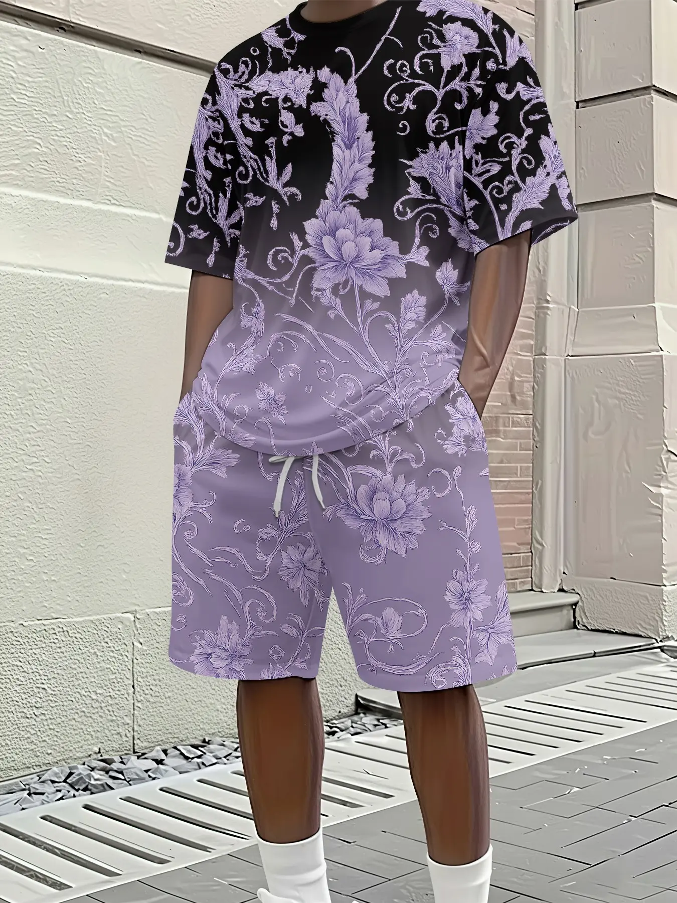 Men's two-piece set of short-sleeve top and shorts, a gentle casual outfit featuring an all-over vintage print of interlocking floral vines with a black-purple gradient. Adopting 3D digital printing technology, this comfortable, loose and breathable sport