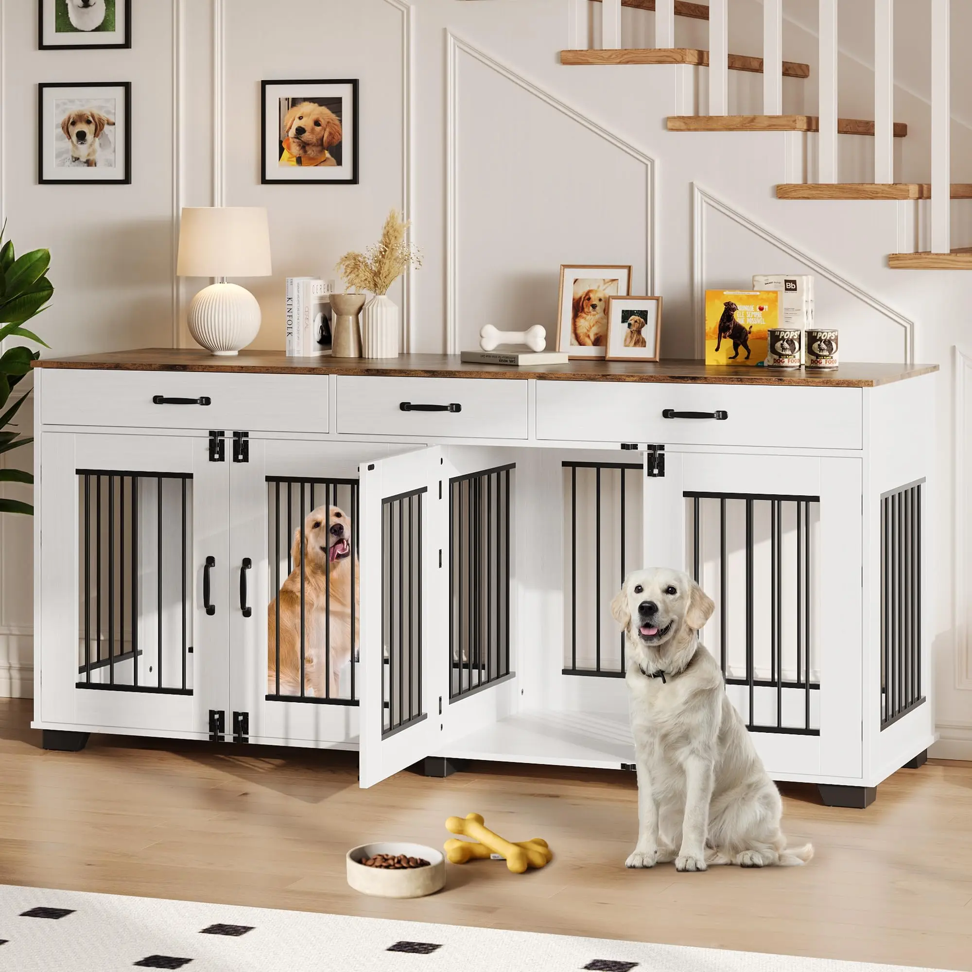 71" Double Dog Crate Furniture, Extra Large Wooden Dog Kennel for 2 Dogs, Farmhouse Dog Crate TV Stand with 3 Storage Drawers for Large Dogs Indoor