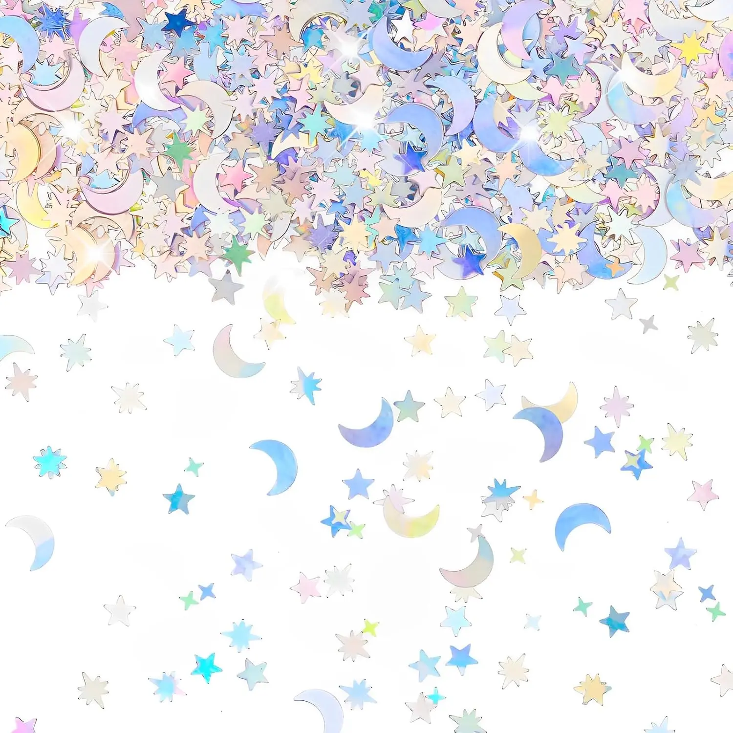 4000 Pcs Star Confetti, Glitter Confetti, Holographic Metallic Star Glitter, Holographic Moon for Party Decorations, Wedding, Birthday, Festival, DIY, Unicorn Theme, Silver, 10mm