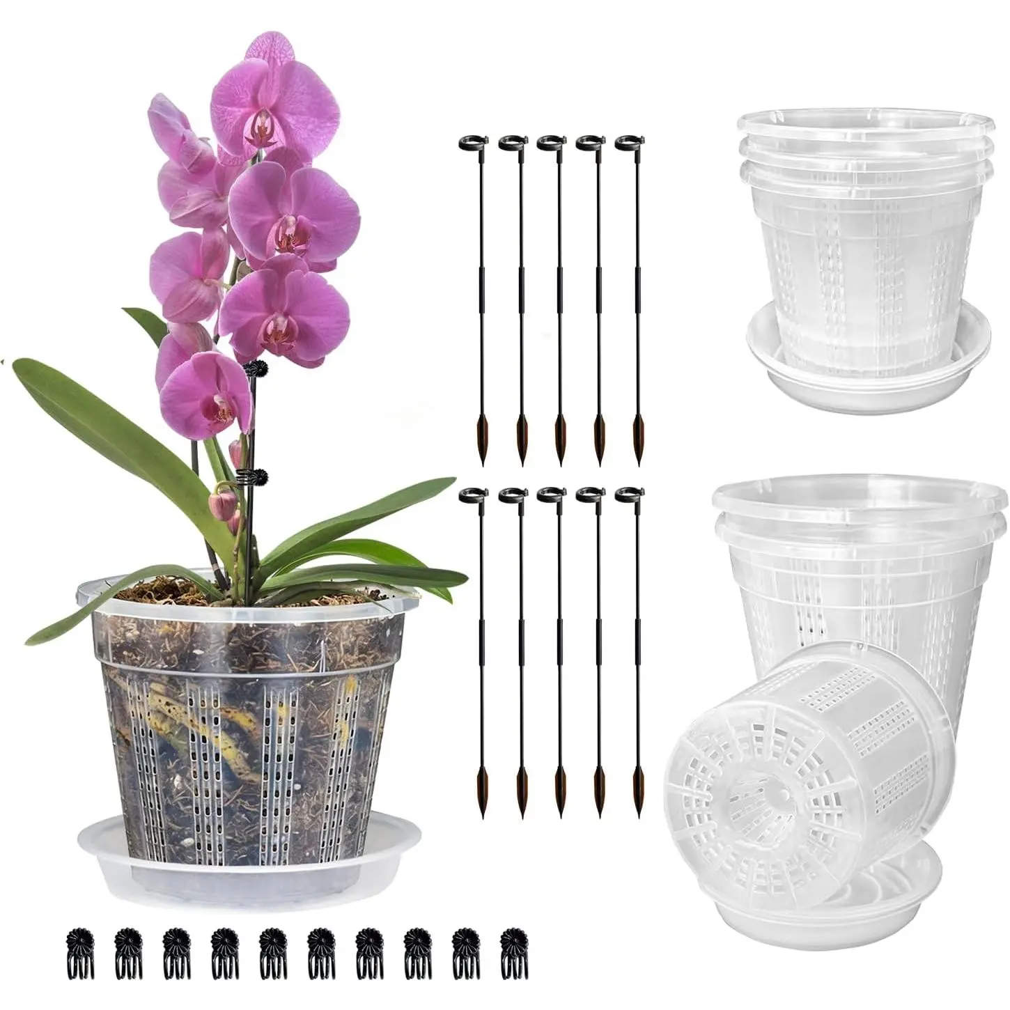 Orchid Pot with Saucers, 6 Pack 4.3" Orchid Pots with Holes and 10 count  Stakes, Clear Plastic Flower  Pot for Indoor Outdoor