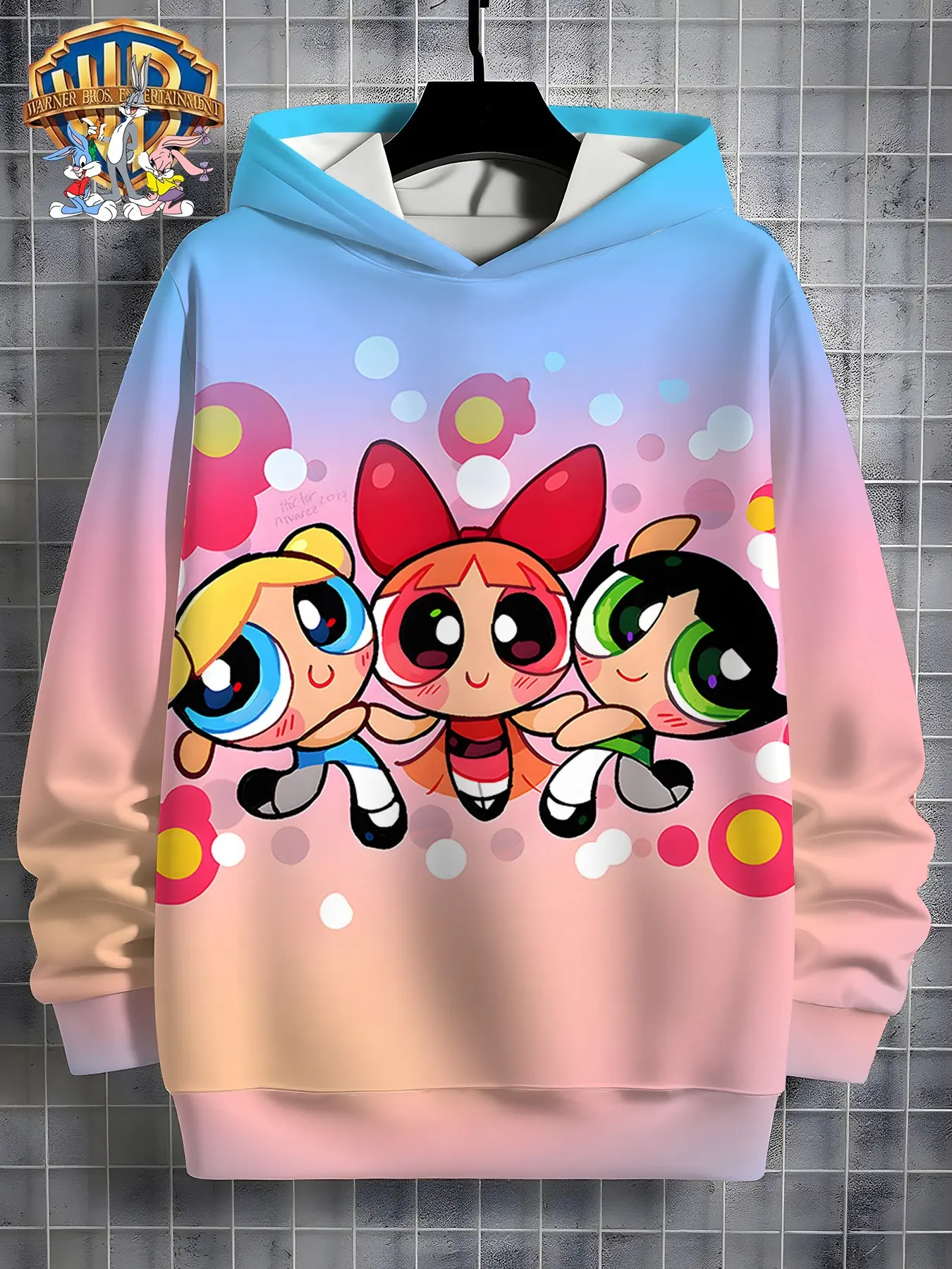 Wb Official the Powerpuff Girls Gradient Polka Dot Hoodie, Girl Cartoon Print Fall Winter Loose-Fit Pullover Jacket
