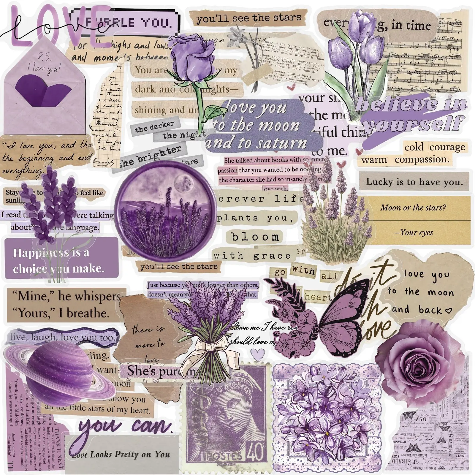 50Pcs Purple Floral Vintage Paper Pattern PET Transparent Stickers, Cute Aesthetic Decor, Planner Accessories, Office Products, Back To School Supplies for Journal Laptop Scrapbook