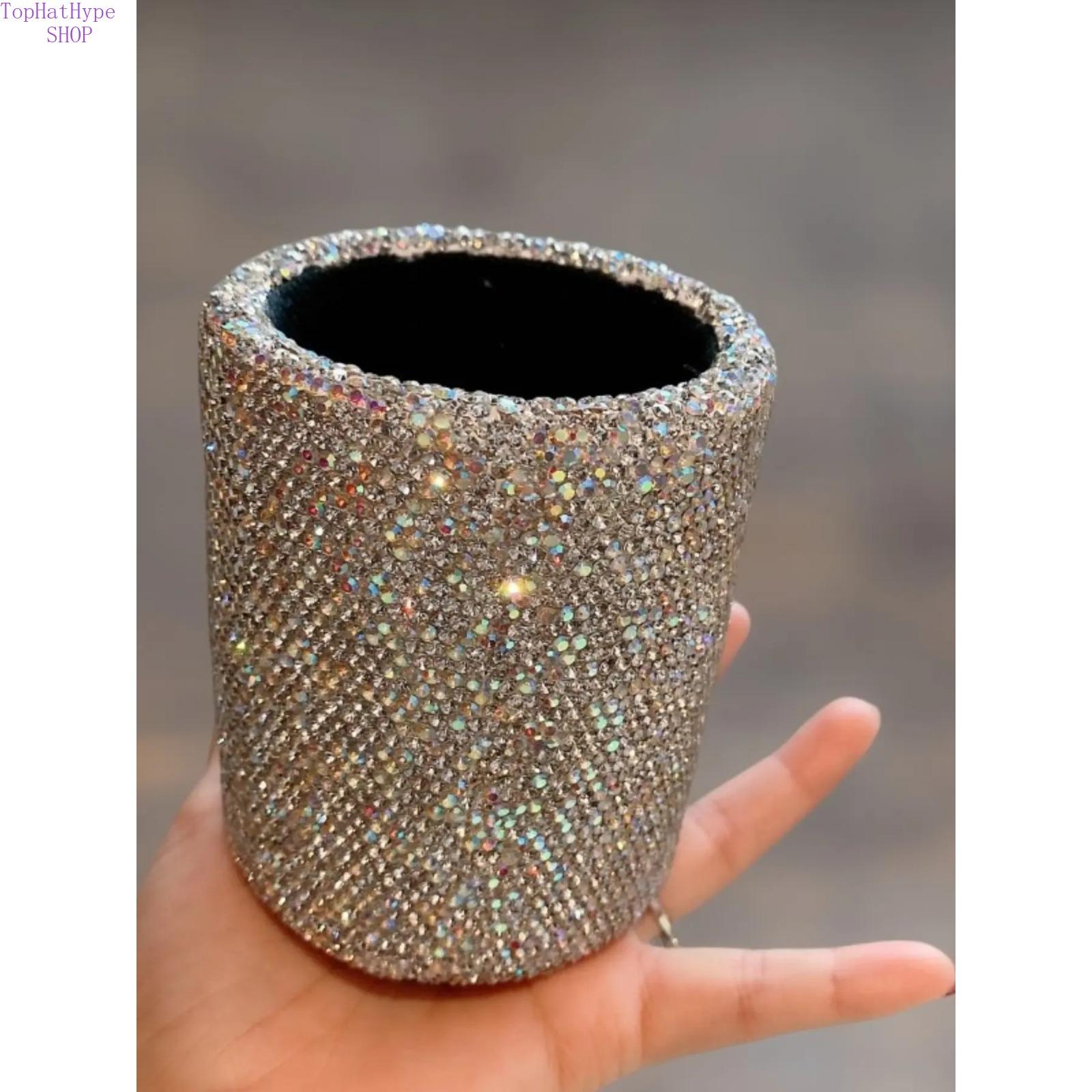 Luxury Round Rhinestone Storage Bucket, Bling Desktop Pen Holder for Office, Exquisite Sparkly Makeup Brush Organizer, Elegant Decorative Desk Accessory for Home, Office and Vanity