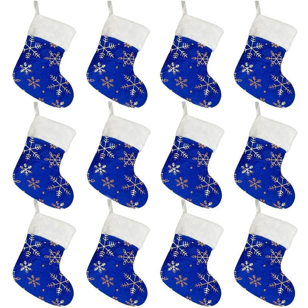 12Pack 7 Inches Christmas Mini Stockings with Glitter Snowflake, Classic Xmas Stocking Decor for Christmas Tree Ornament Gift Holder (Blue)