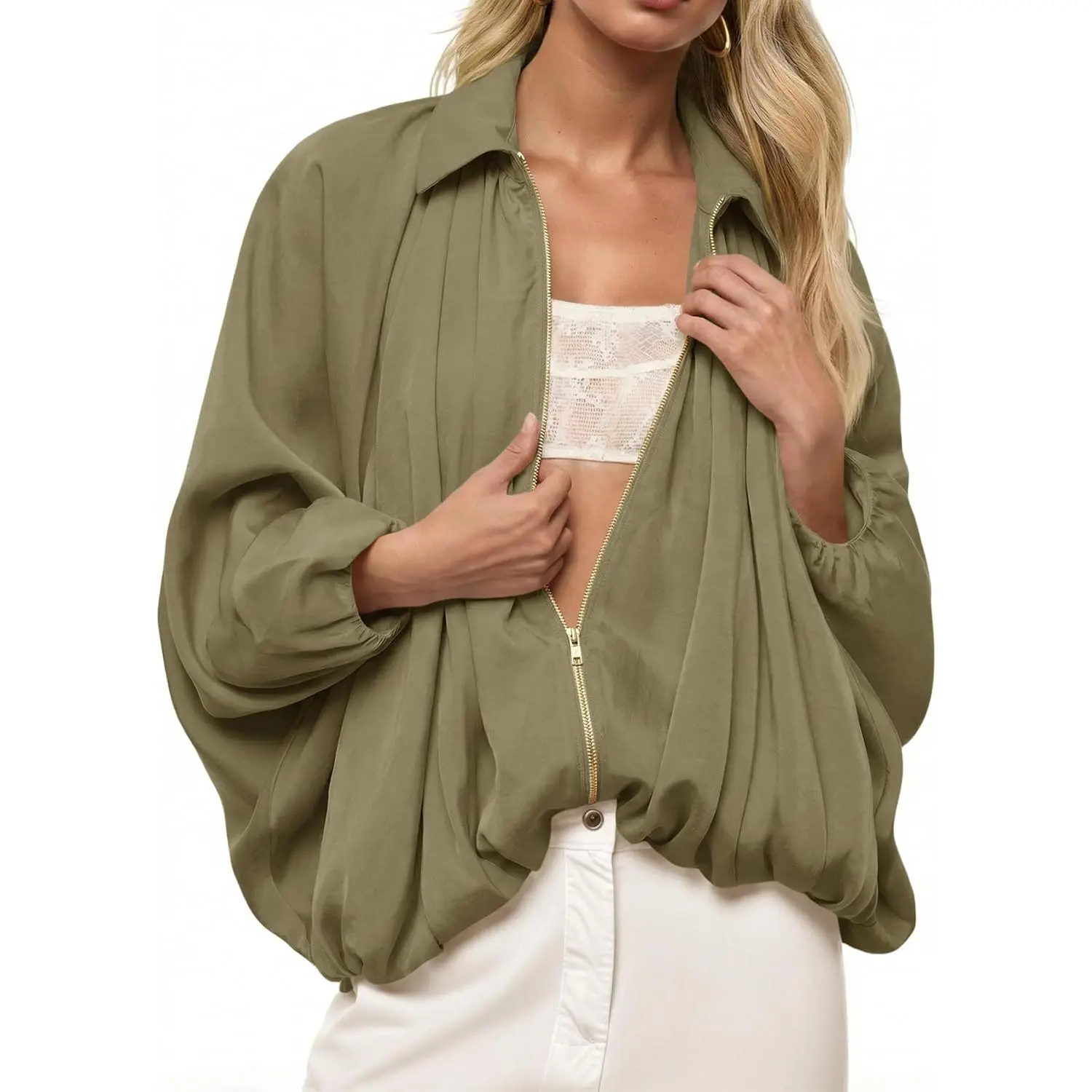 Women's Chic Satin Bomber Jacket, Oversized Zip Up Outerwear with Long Batwing Sleeves, Lapel Collar and Pleated Hem, Fashion