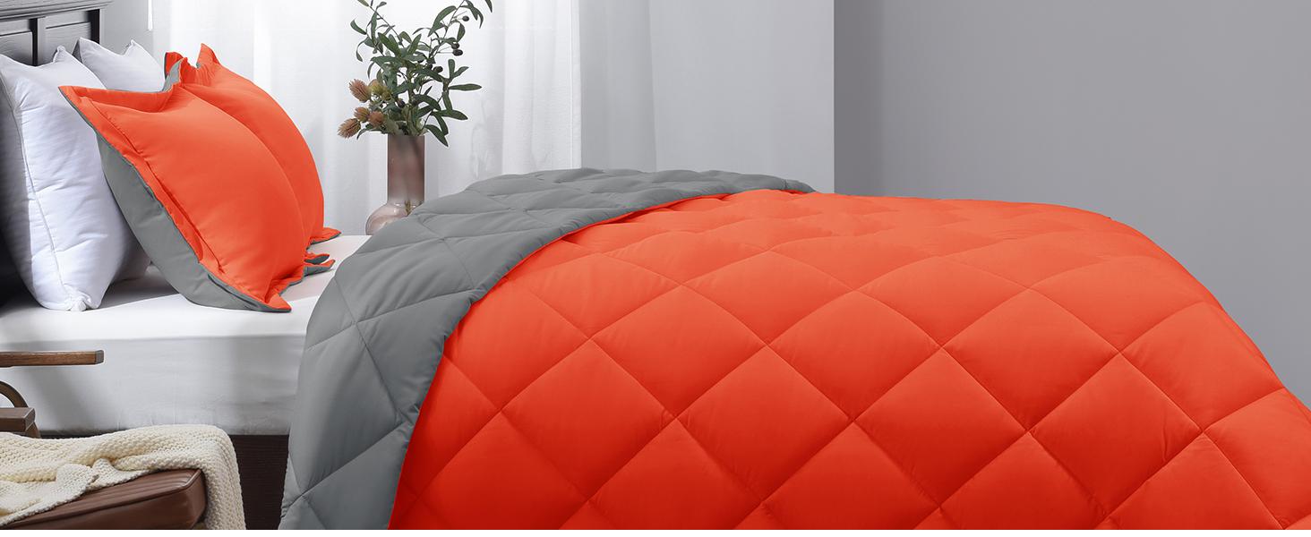 Queen Comforter Set - Orange Comforter Set Queen, Reversible Bed Comforter Queen Set for All,/Charcoal Gray, 1 Comforter (88"x92") and 2 Pillow Shams (20"x26"+2")