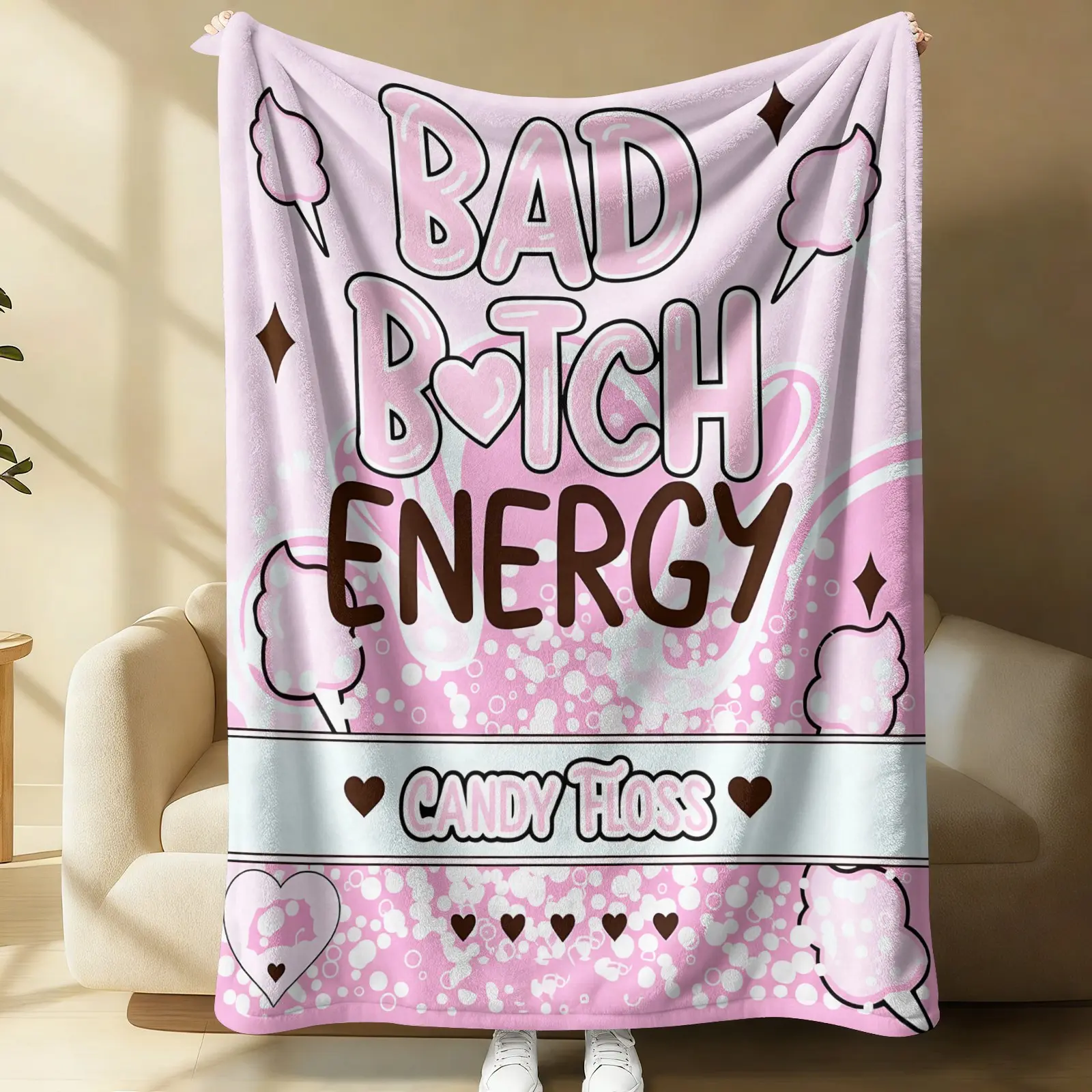 Y2K Bubble Bad B Energy Throw Blanket, Cozy Flannel Fleece, Trendy Girly Aesthetic, Bedroom, Travel, Holiday Gift