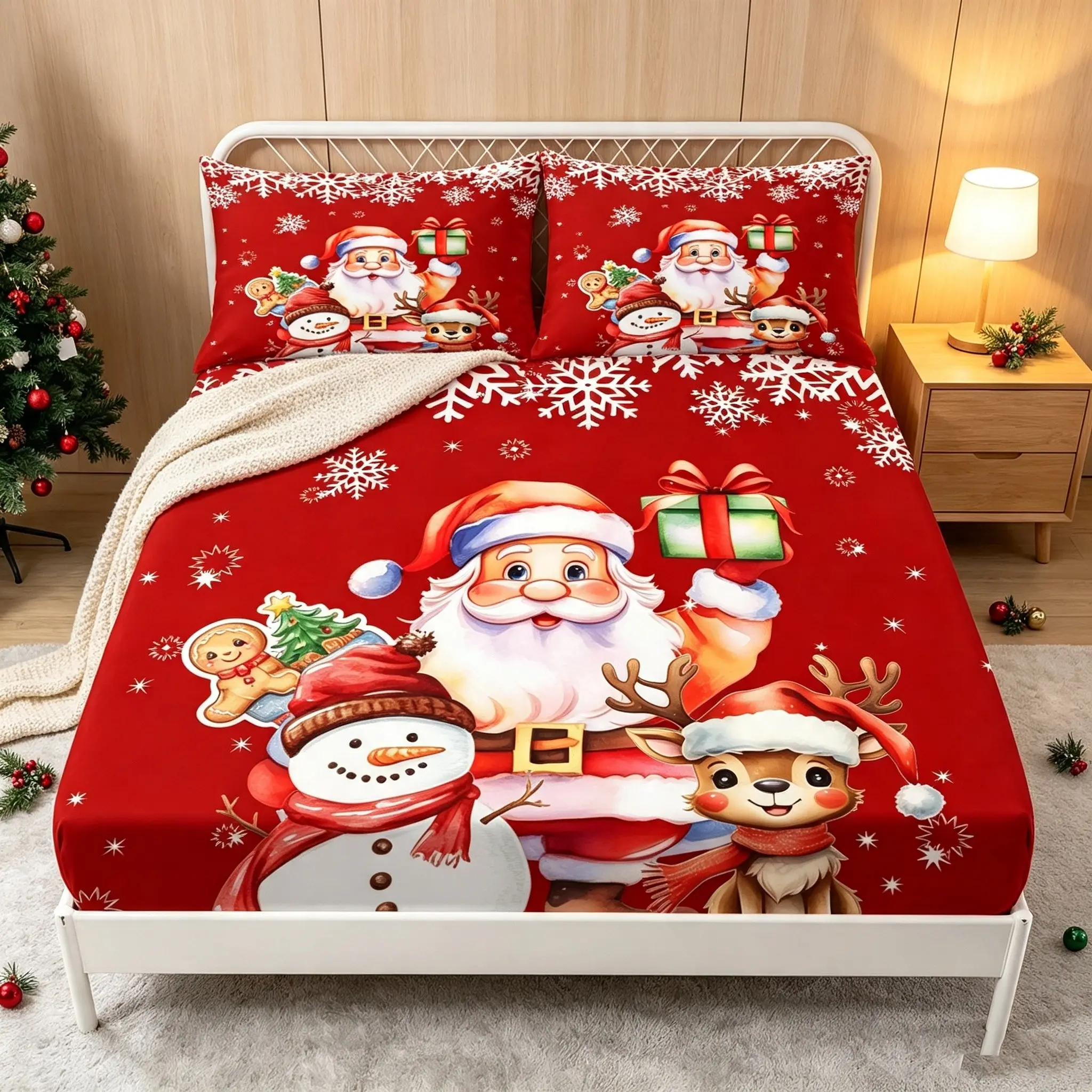3pcs red background Santa Claus bed sheet set snowman reindeer snowflake holiday non slip bed cover Christmas atmosphere bedroom bedding includes 1 bed sheet and 2 pillowcases (unfilled)