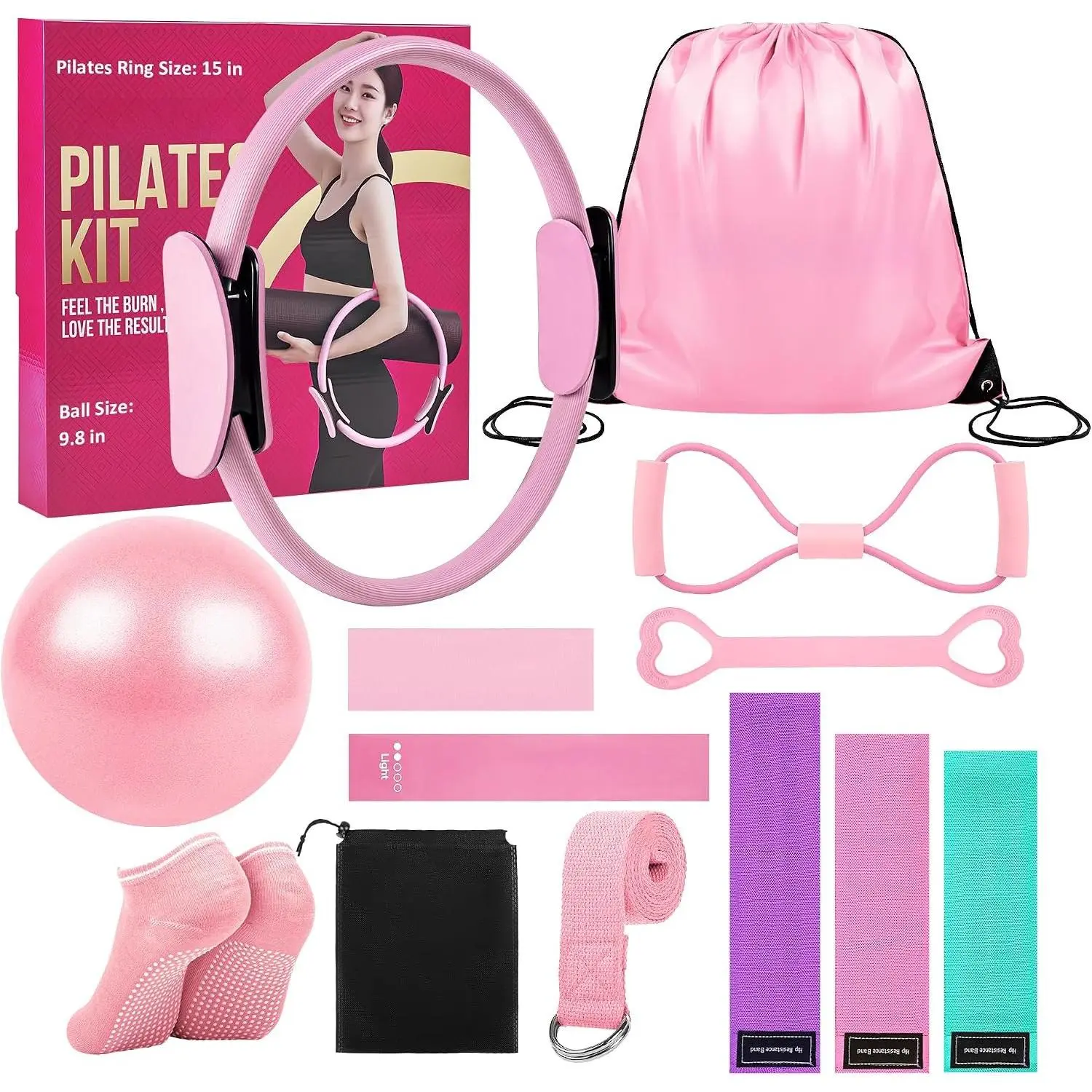 Pilates Ring Kit for Women and Men - 15 inch Magic Circle Exercise Ring and Ball Set for  Workout Equipment -  Padded Handles Ring and Resistance Bands Set for  Fitness Lovers
