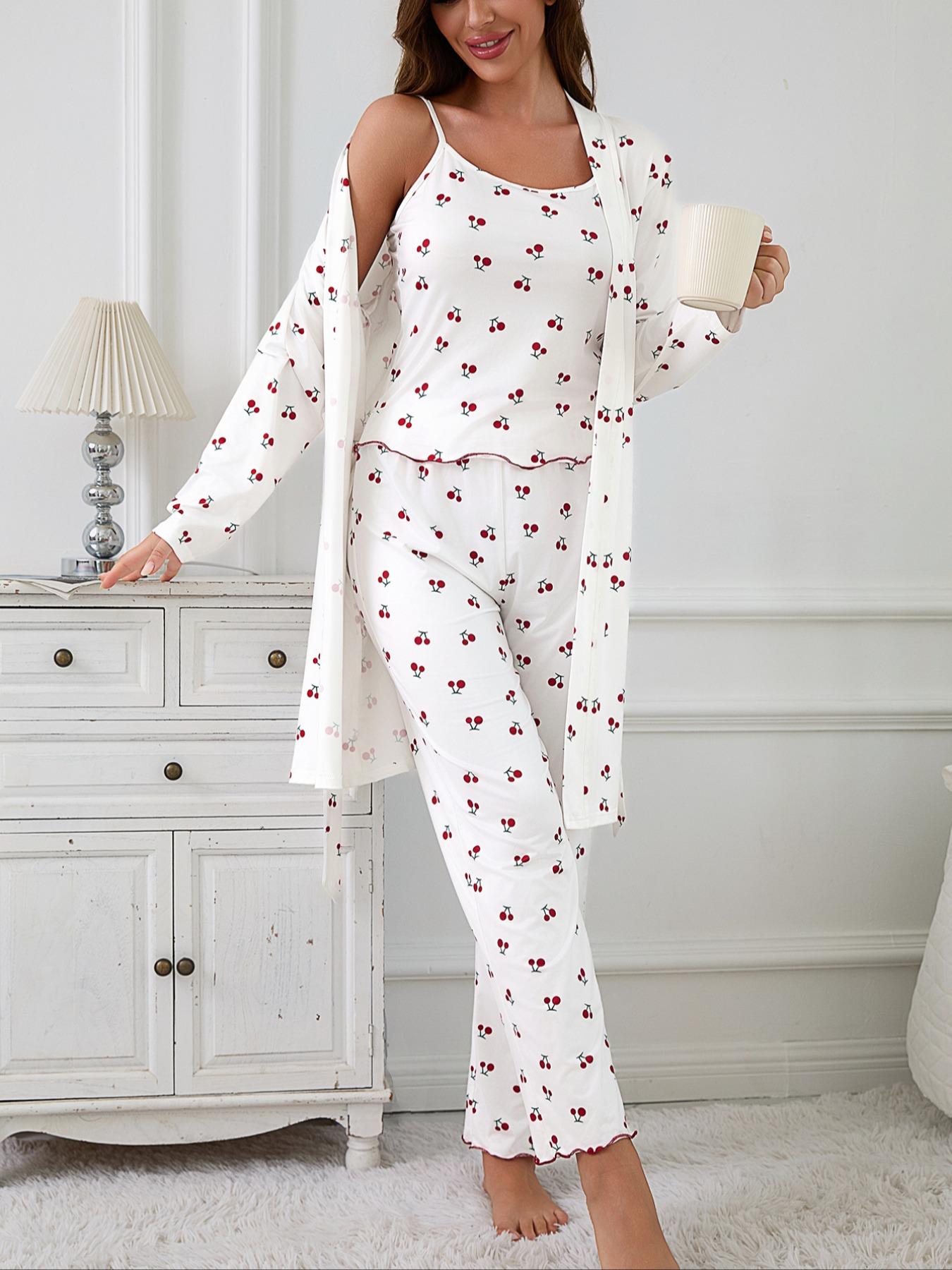 Cherry Print Women's Nightgown Set + Strap Pants, Comfortable Casual Home Wear, All-Season Fitted Sleepwear, Moderate Fabric