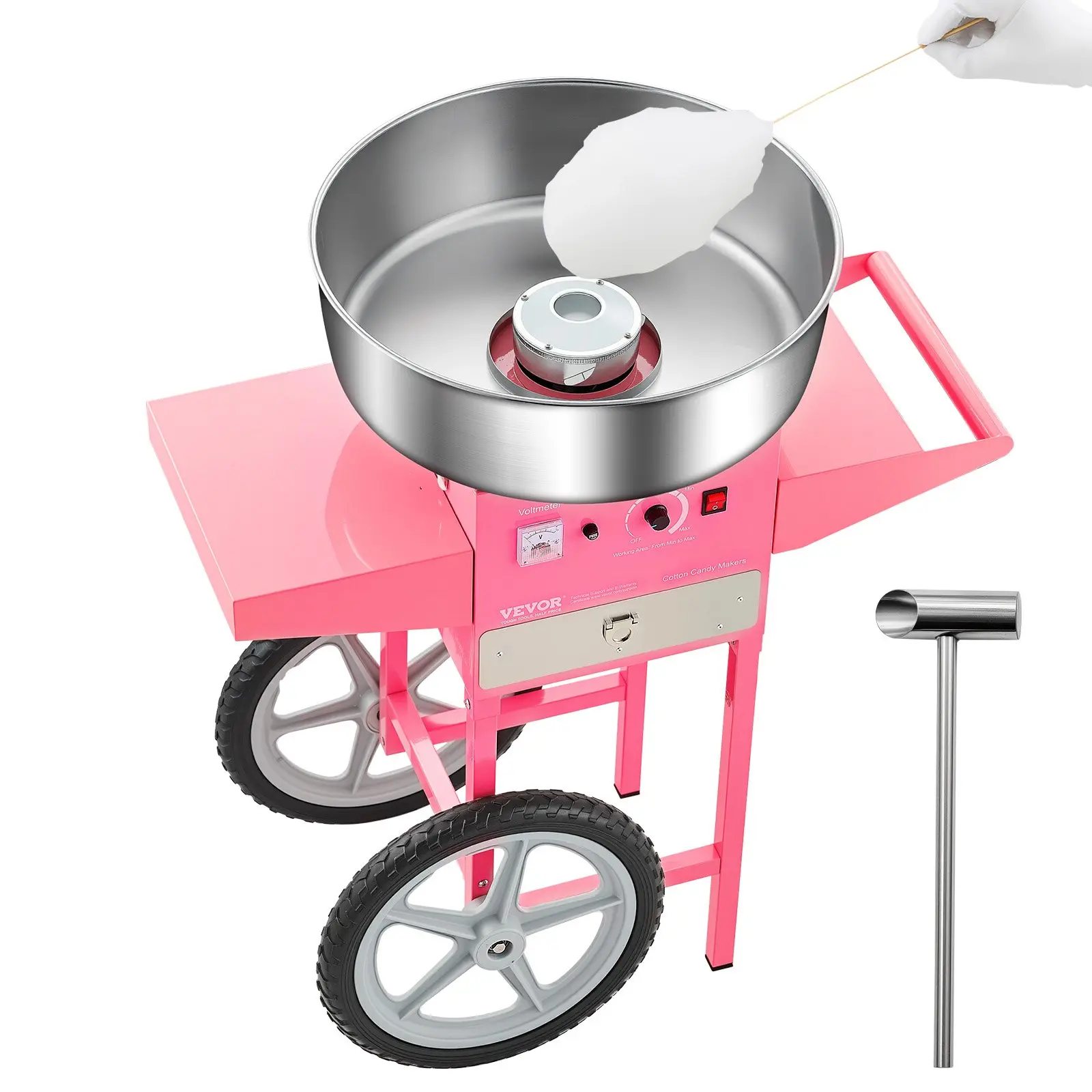 VEVOR 1000W Power Electric Cotton Candy Machine with Cart, 20.5 in Stainless Steel Round Bowl, Sugar Scoop & Drawer, Makes Candy Floss, Easy to Use for Home, Kids Parties, Pink