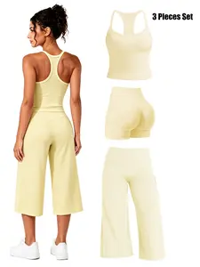 Women's Breathable Quick-Dry Three-Piece Sports Set, Sleeveless Racerback Cropped Tank Top + Ruched Butt-Lifting Shorts + Low-Waist Wide-Leg Capri Pants, Suitable For Yoga, Pilates And Fitness Workouts.
