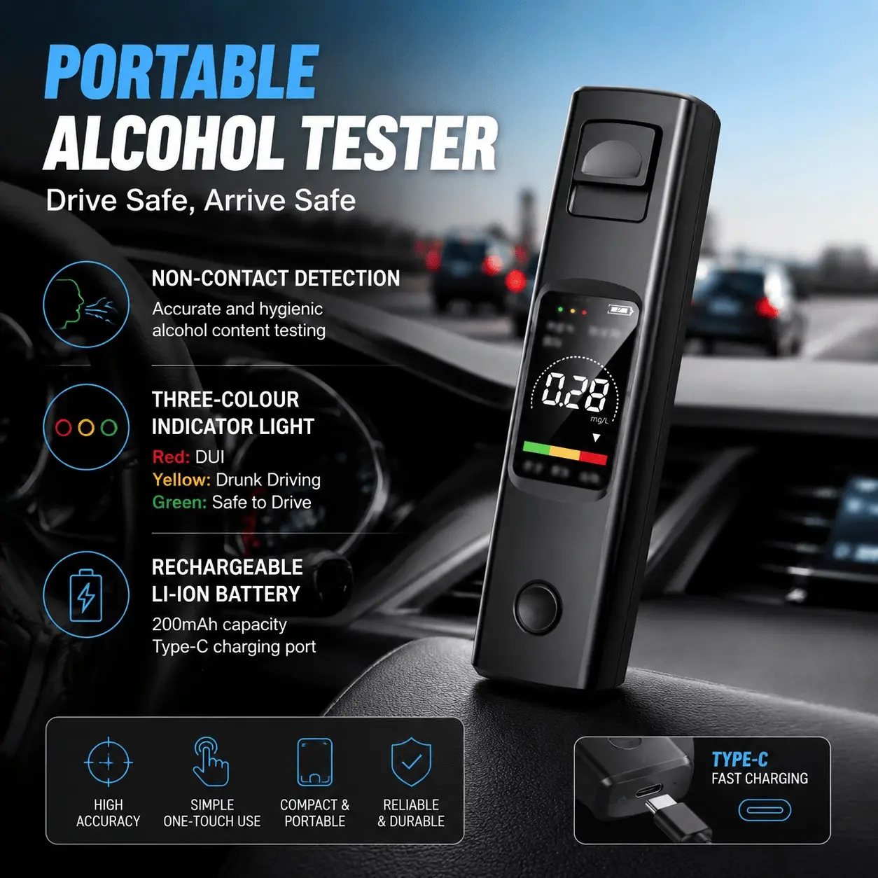 Portable Breath Alcohol Tester, Bac High Precision Self-Test Device, 0.00-0.40% Range, Quick Response, Durable LCD Display, Car Safety Tool