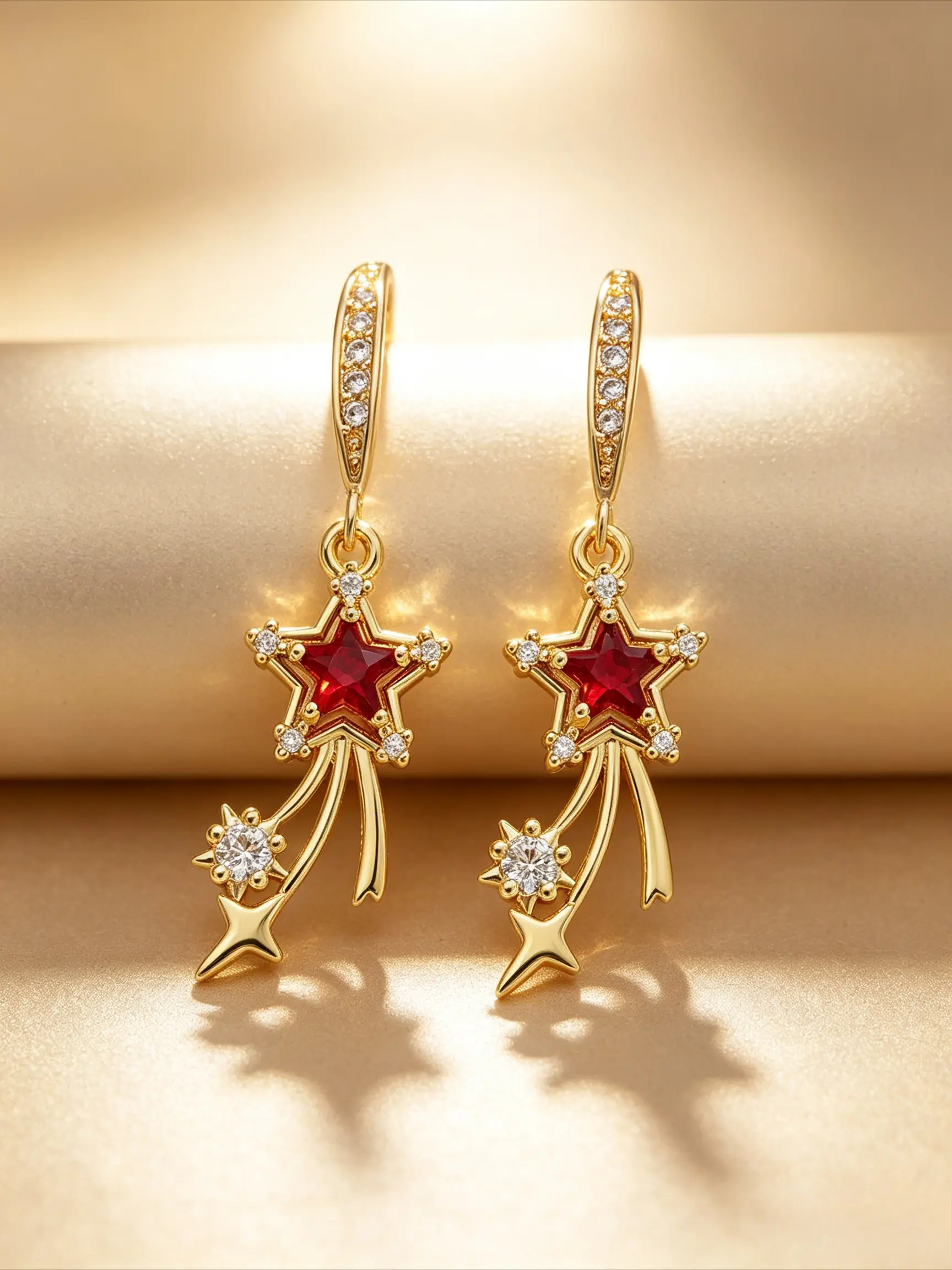 Red Simulated Ruby Long Drop Hook Earrings For Women, Heart Star Floral Rectangle Geometric Dangle Earrings, Gold Plated Romantic Valentine Wedding Daily Party Jewelry Gift