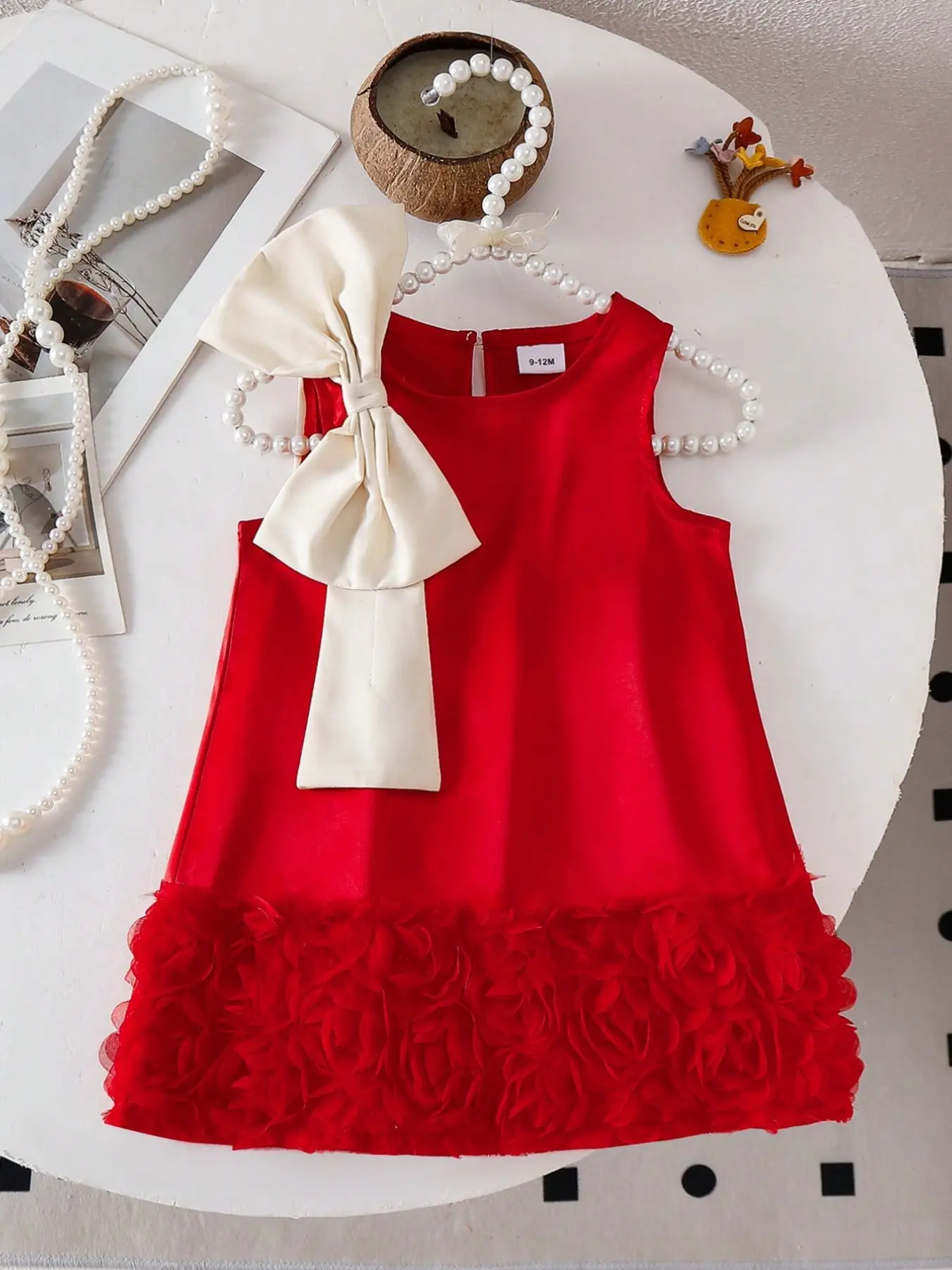 Elegant Baby Girl Dress, Sleeveless A-Line First Birthday Dress with Large Bow and 3D Rose Skirt, Perfect for Special Occasions, Fashionable and Chic
