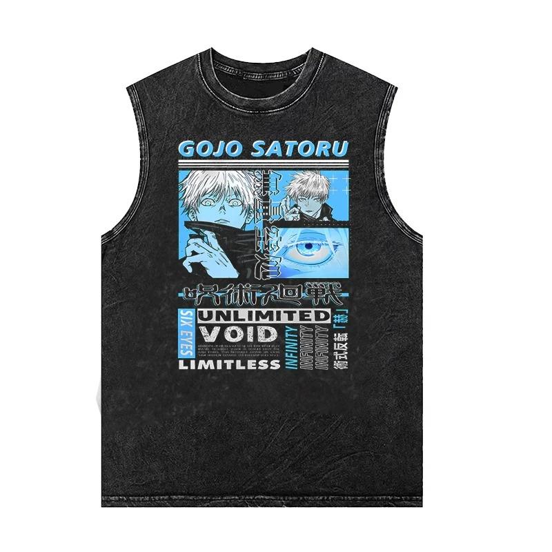 Men's Tank Tops Anime Gojo Jujutsu Man Sleeveless Shirt Summer New Women's Oversized Vintage Washed Vest Gym T Shirt Y2k Clothes