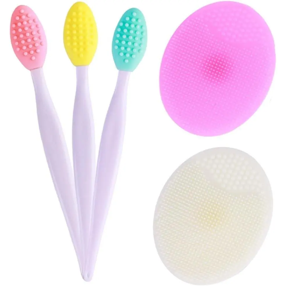 5 Pcs Mini Exfoliating Brush Set - 2 Pcs Silicone Facial Cleansing Brush and 3 Pcs Lip Scrub Brush