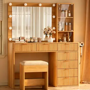 47'' W Fluted Vanity Desk [Shipping By 2 Packages] Makeup Vanity with Power Oultlet, 7 Drawers Vanity with 10 LED Lights and Mirror, 3 Lighting Modes Adjustable, Glass Top, Vanity with Chair for Bedroom, Natural,SummerVibe