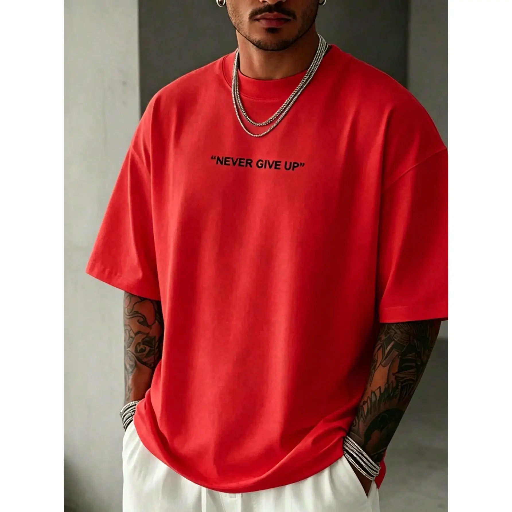 Men Minimal Never Give Up Inspire Slogan Letter Graphic Tee, Solid Color T-Shirt Loose Fit Tee,  Basics Shirts, Daily  T Shirts, Simple Da funny sarcastic good quote trendy vintage skull hot trend short-sleeve girlfriend cotton sport crewneck outdoor