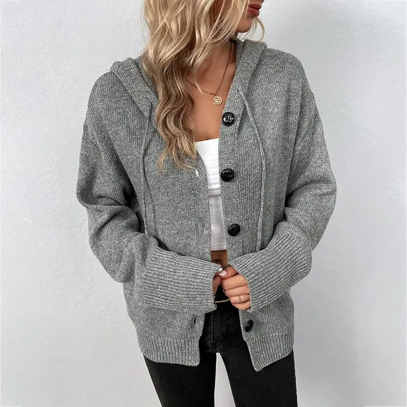 Fashion Oversized Hooded Button Knit Cardigan Outfit, Cute Long Sleeve Drawstring Hoodie Sweater Coat, Comfort Casual Loose Fall Outerwear, Best Valentine's Day Gift for Her, Ideal Holiday Present for Girlfriend Wife Family Friends