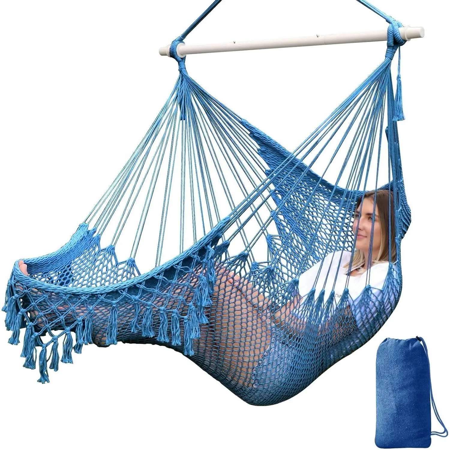 Hammock Chair Handmade Hanging Chair Cotton Rope Woven Hanging Seat Soft-Spun Large Stretch Hammock Swing, Collapsible Strong Metal Spreader Bar Elegant Macrame Comfort Indoor Outdoor Garden
