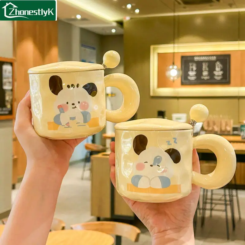 Cartoon puppy ceramic mug, cream cartoon children's breakfast milk and water cup, office coffee cup with lid and spoon