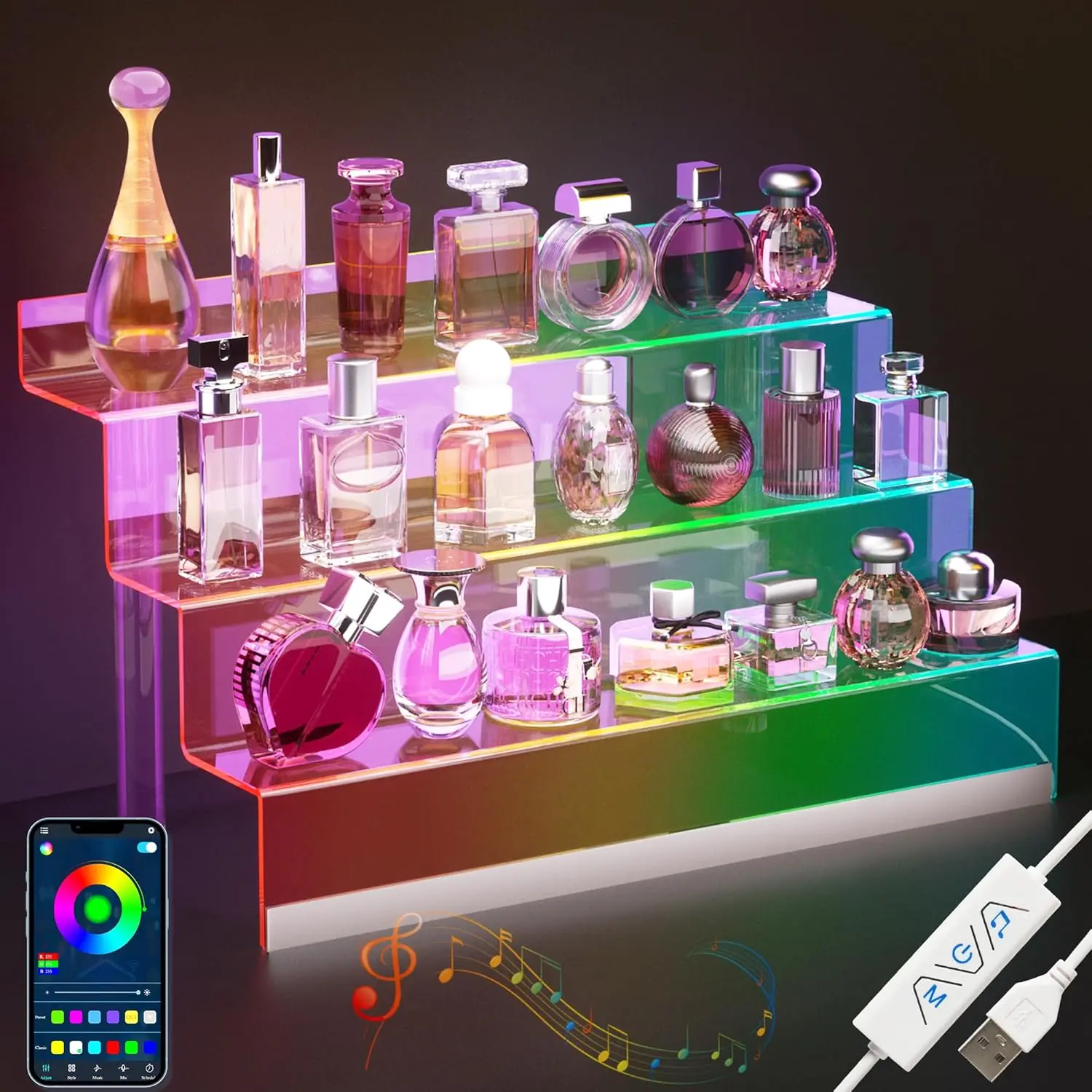 16" Acrylic Display Organizer with LED Light - 3 Tier Perfume Organizer for Women, Cologne Organizer for Men, Clear Riser, Figures Stand, Perfume Stand and Display Step Shelves Holder, Dessert Shelf