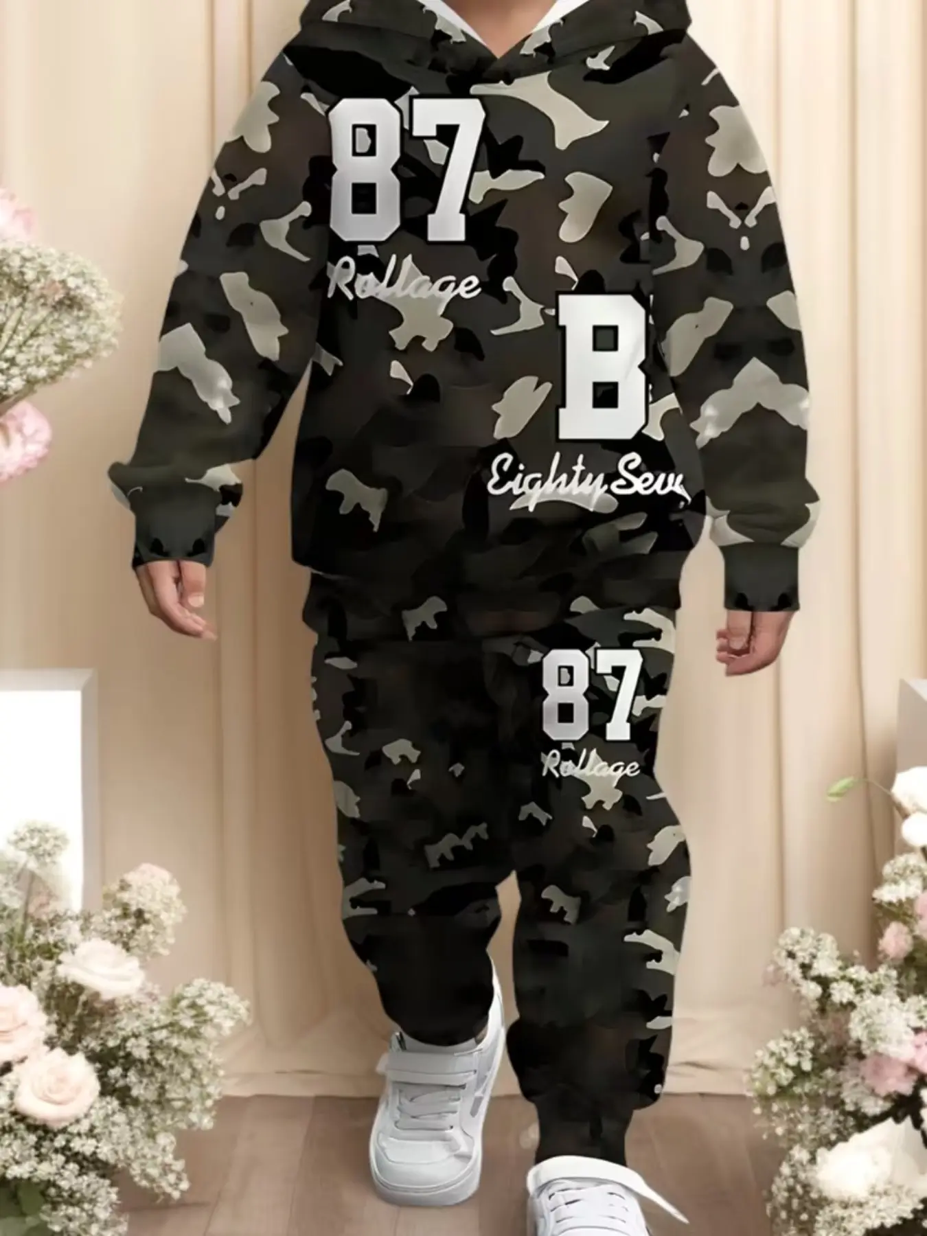 Boys' Hooded Sweatshirt Set, Fashionable Number 87 Pattern Design, Comfortable Casual for Spring & Fall, Trendy Kids Apparel