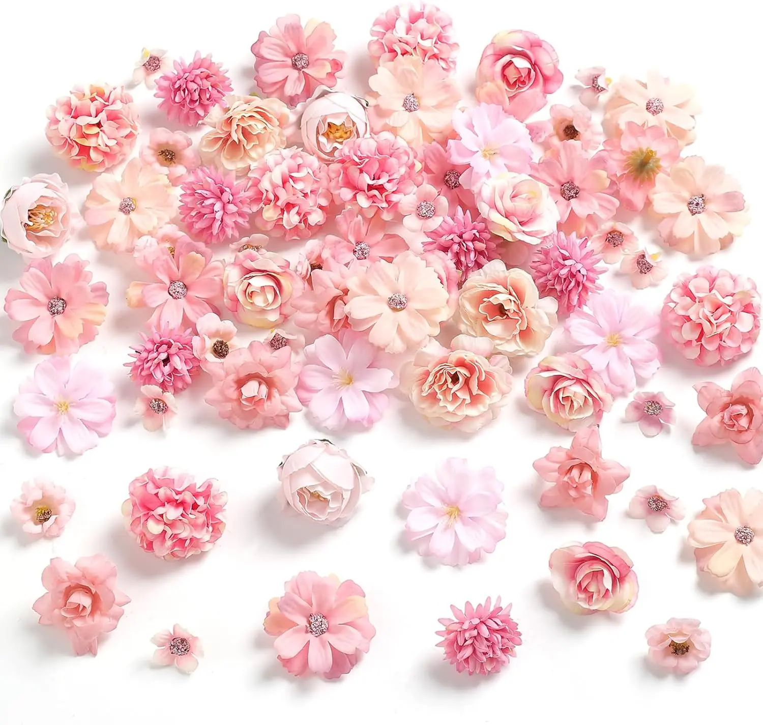 60Pcs Fake Flower Heads Artificial Flower Heads Mix Silk Flowers Bulk Daisy Dahlia Roses Flowers for Crafts,Wedding Party DIY Centerpieces Baby Shower Home Cake Decorations Great for weddings, parties, DIY, home, cake. Durable and bright.