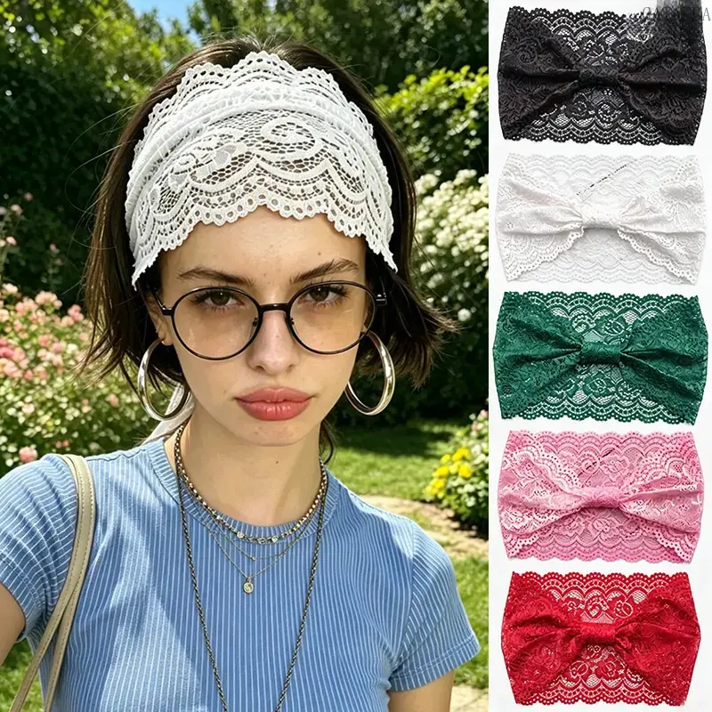 Women's Unisex All-Seasons Boho Lace Scalloped Bow Wide Headband - Elastic Wrap Outdoor Wear Hair Accessory for Daily, Party Use (Sports & Outdoor Compatible),back to school,back to school haul