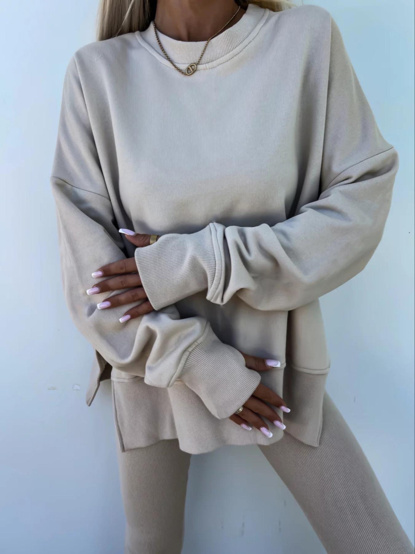 Women's Solid Drop Shoulder Split Hem Sporty Round Neck Sweatshirt & Pants Two-piece Set, Sweatsuit Matching Set, Casual Fashion Cozy Breathable Outfits for Daily Outdoor Wear, Ladies Sportswear for All Seasons