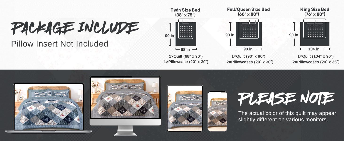 Patchwork Set Queen Size, Floral Rustic 3 Pcs Soft Bed Cover Bedding Set, Boho Flowers Lightweight Bedspread Coverlet with 2 Pillow Shams for All Season