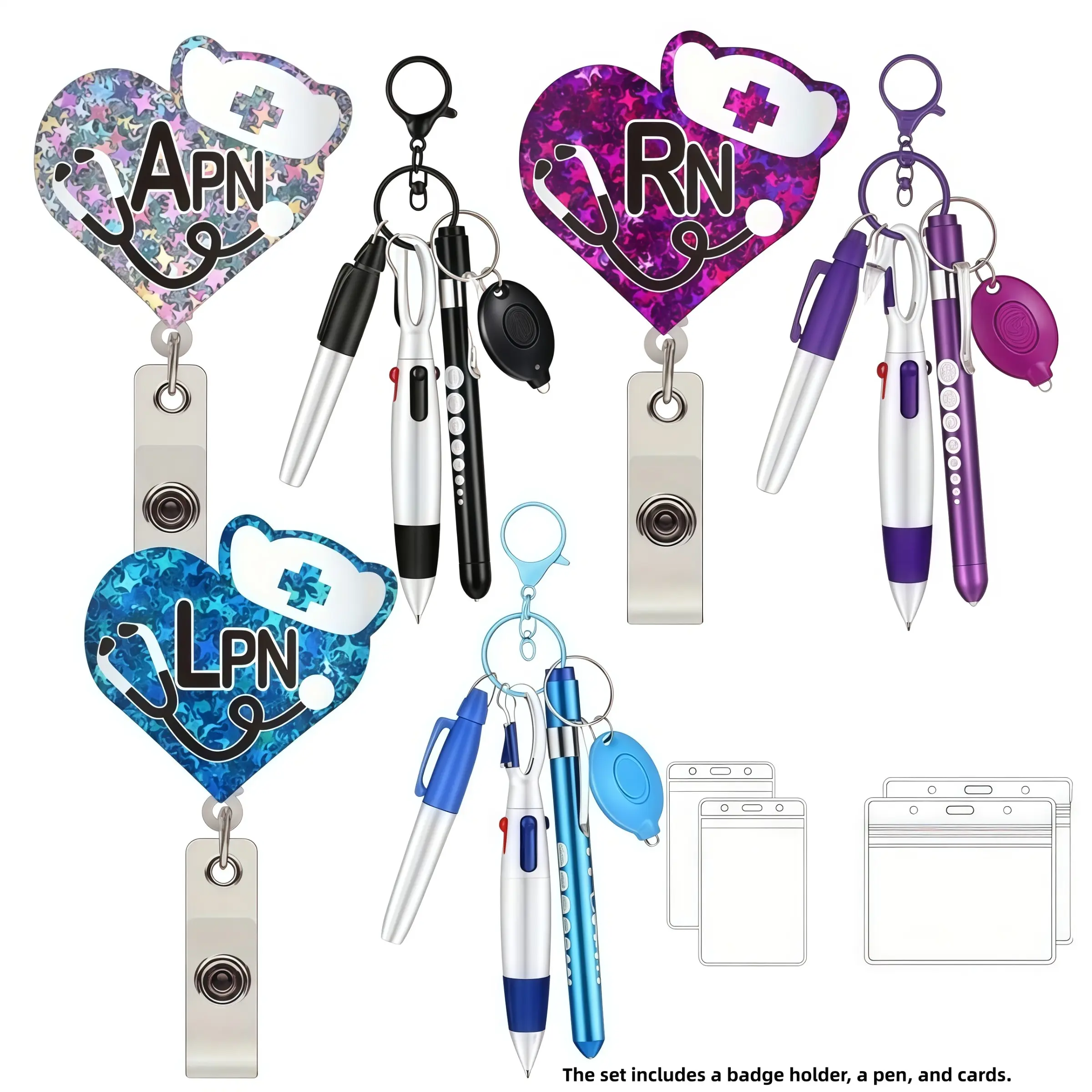 Shiny Heart Rn Lpn Apn Nurse Badge Scroll Set, Stethoscope Nurse Cap, Adjustable ID Holder Clip, Ballpoint Pen, Transparent ID Card Case, Acrylic ID Holder